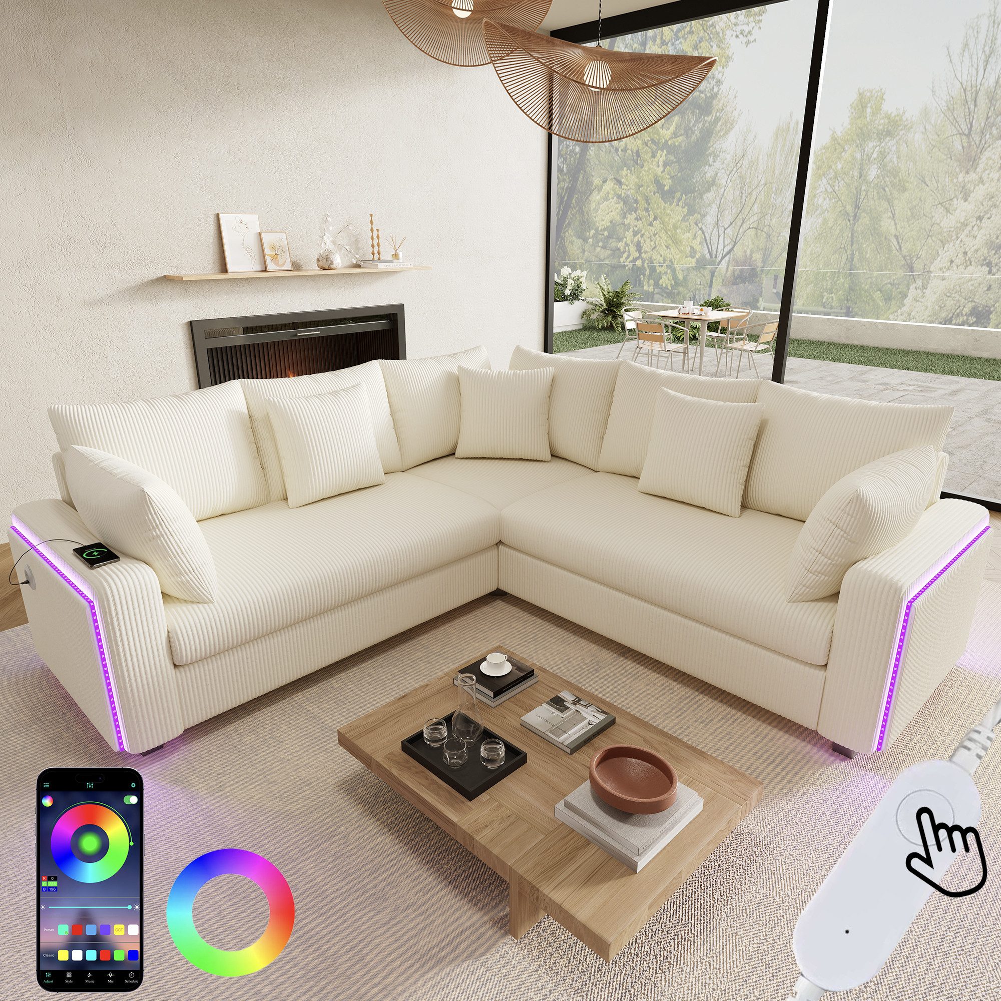 Merax Ecksofa mit LED-Beleuchtung und USB- & USB-C-Ladeanschluss, 198×198×83cm 1 Teile, L-förmiges Sofa Ecksofa, 5-Sitzer Couch mit Kissen, Cordstoff