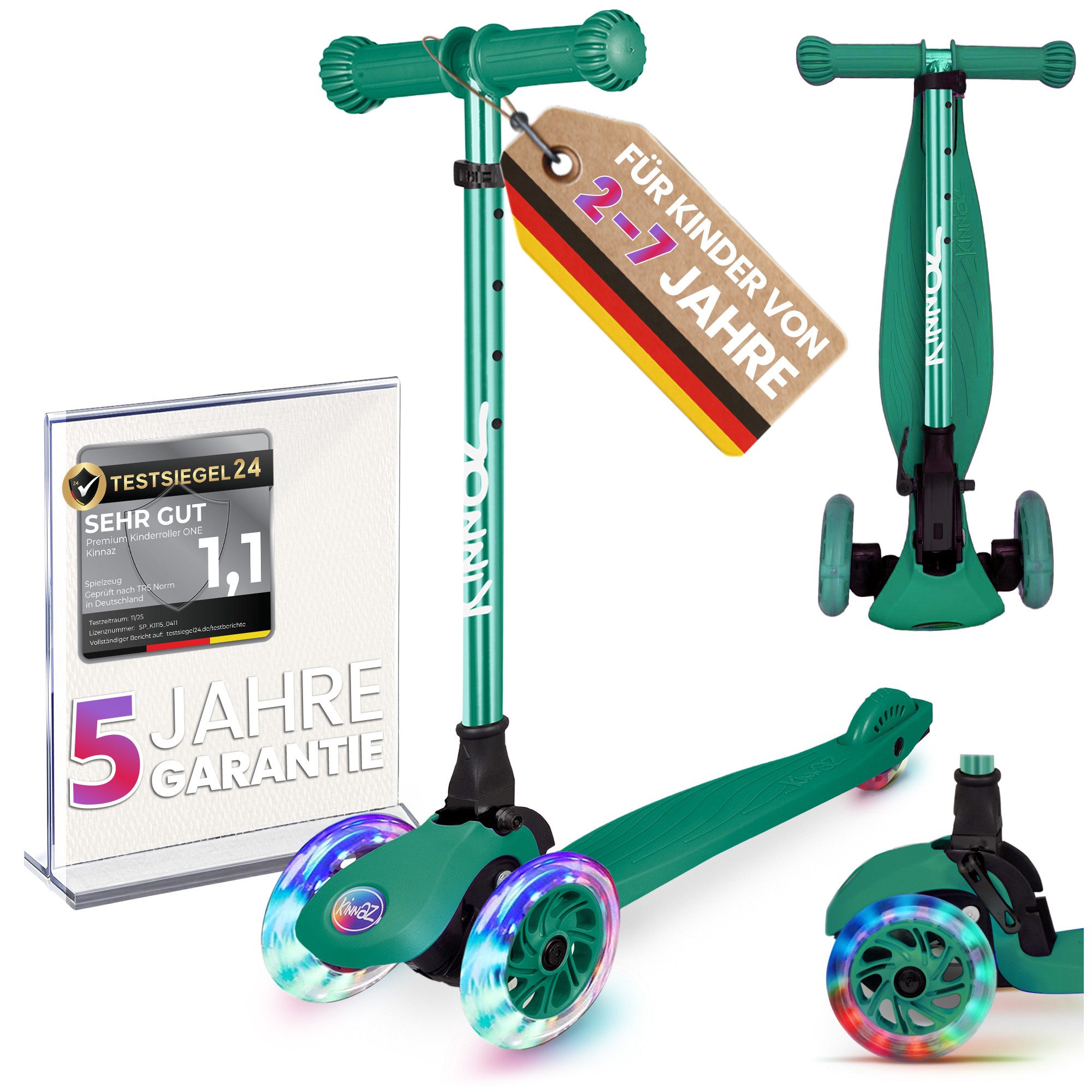 KINNAZ Dreiradscooter ab 2 Jahre LED, faltbar, Höhe flexibel, Kinderoller, Scooter, Roller, (Kinderroller, kinnaz ONE), Händler aus Hamburg