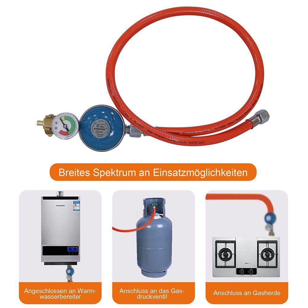 Mucola Gasgrill Gas Schlauch + Druckminderer inkl. Manometer Gasregler Propan Butan, Stück, Manometer, Sicherheitsventil, Schlauch, Inkl. Manometer