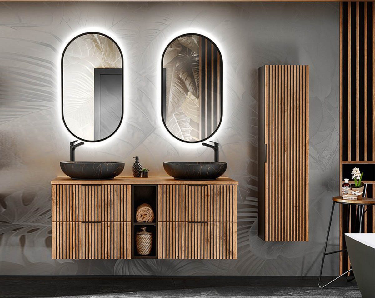 einfachgutemoebel Waschtisch-Set Bad Set 4-teilig TRIBUNE 140cm, Becken black, Schwarz - Wotan-Eiche, (Badmöbel Set, 1-St., Waschtisch SET 4-teilig)