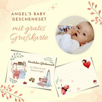 Angel's Baby Neugeborenen-Geschenkset Baby Geschenkset mit Schnullerkette und Schnuffeltuch 4 teilig (Set, mit Geschenkverpackung und Grußkarte) in niedlichem Design