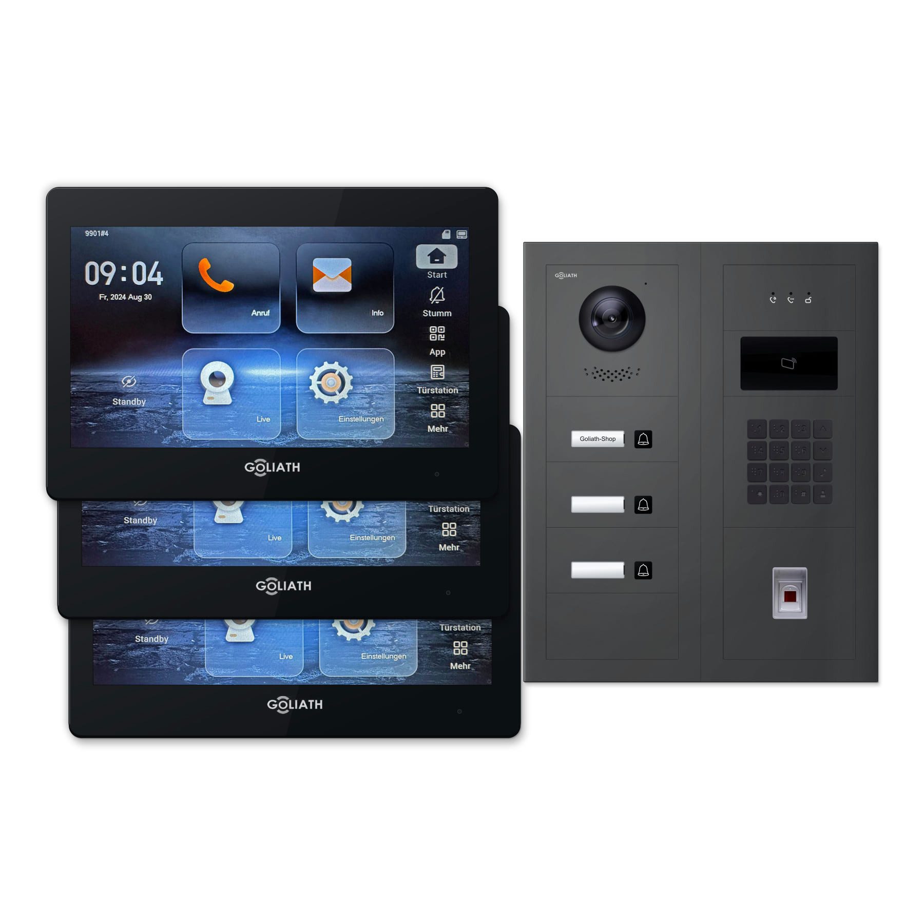 Goliath Intercom Video-Türsprechanlage Premium 2-Draht Set für 3 Familien – Fingerprint/Zahlencode/RFID (Set)