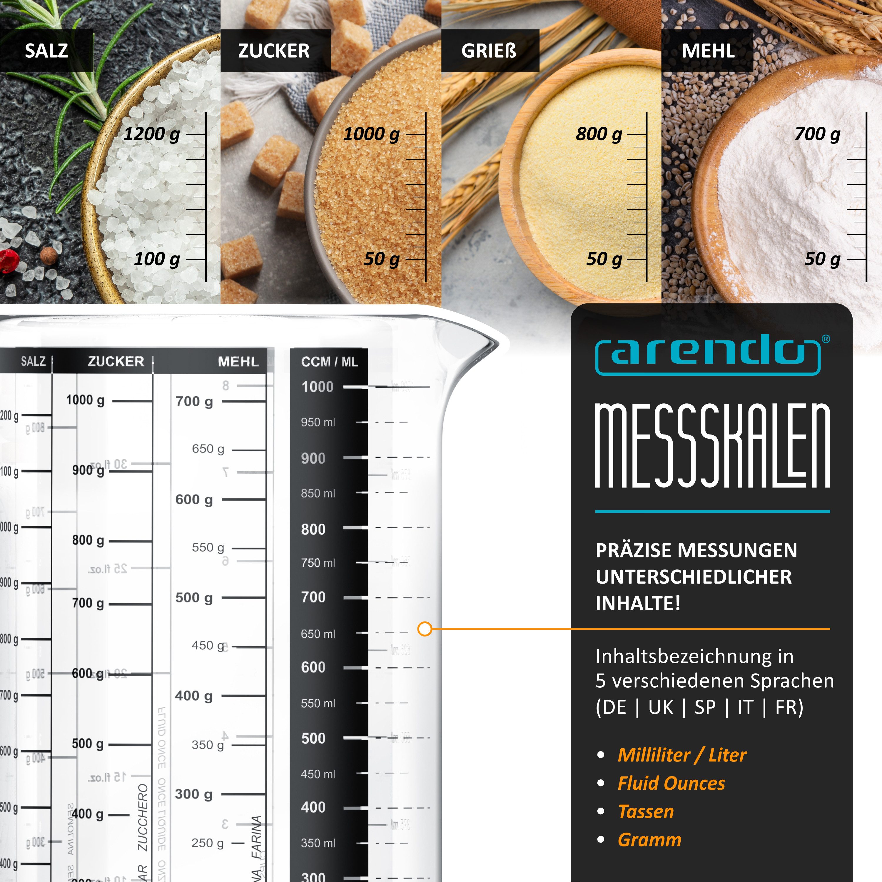 Arendo Messbecher 250ml, 500 ml & 1000 ml Glas Messkrug Set mit Bambusdeckel, luftdicht, Glas, (Set, 3-St), Küchenbehälter, Silikondichtung, für Mehl Zucker Gewürze Süßigkeiten