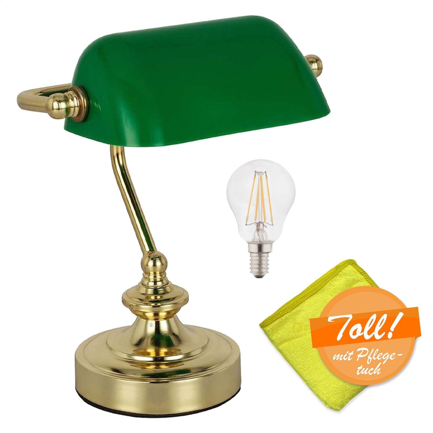 bmf-versand Tischleuchte Tischlampe Wohnzimmer LED Tischleuchte Schreibtischlampe Bankerlampe, Retro, mit Pflegetuch, mit Schalter, LED wechselbar, Warmweiß, Schlafzimmer, Esszimmer, Küche, Flur, Schreibtischleuchte, grün