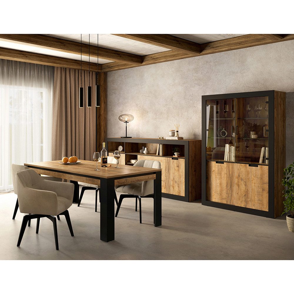 Lomadox Esszimmer-Set TOLOSA-83, (Spar-Set, 3-St., Vitrine Esstisch Kommode), in Eiche mit Rahmen in Mattschwarz, Industrial Stil