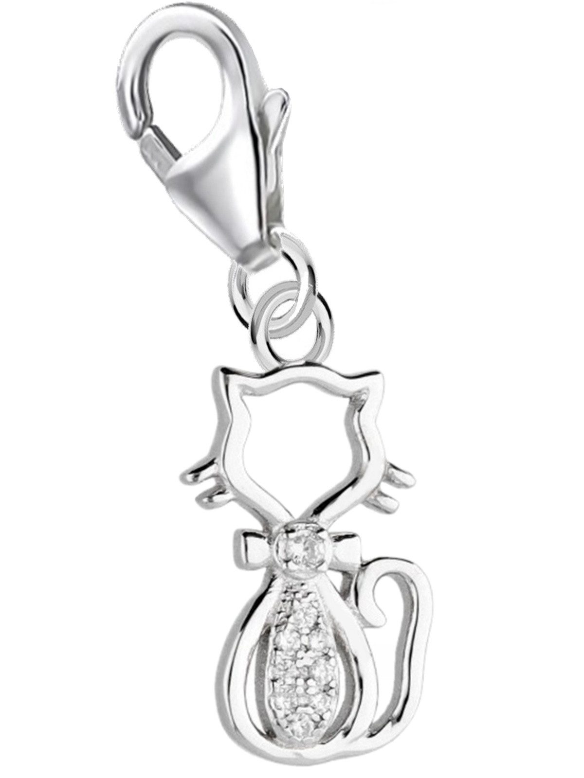 Goldene Hufeisen Charm Kristall Charm Anhänger Silber Katze mit Zirkonia 925 Sterling Karabiner Kater, 925 Sterling Silber Silberschmuck für Armband, mit Zirkonia