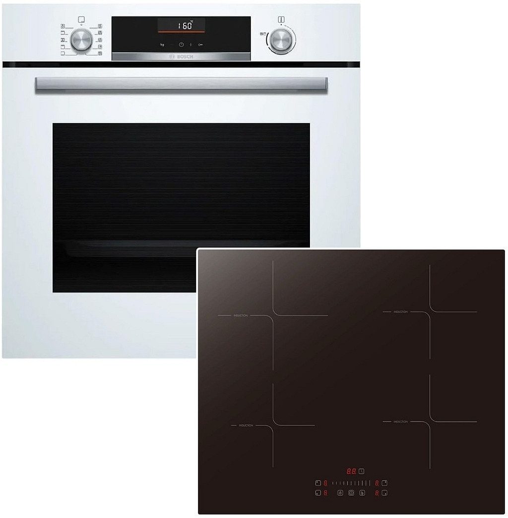 BOSCH Backofen-Set weiß Versenkknebel + PKM Induktionskochfeld Booster Touch Slider, mit Nein, EcoClean Direct