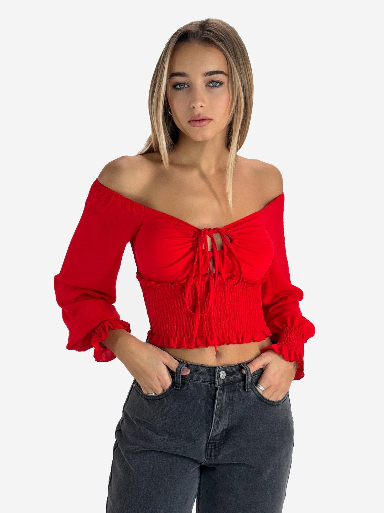 Blusentop Crop Top Damen Off Shoulder mit Raffung & langen Ärmeln Elegant