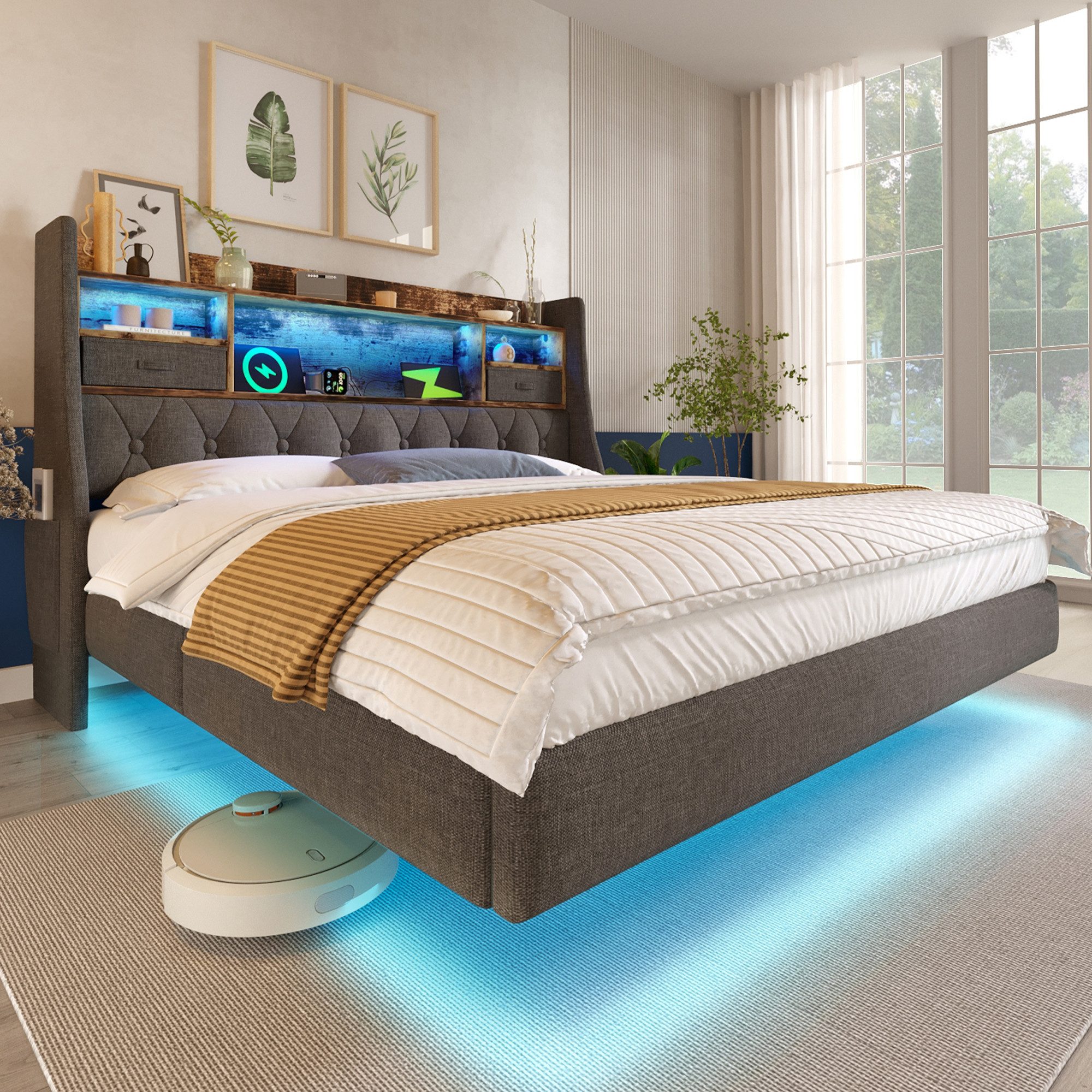 Flieks Polsterbett, Schwebebett 180x200cm mit LED-Beleuchtung, günstig online kaufen