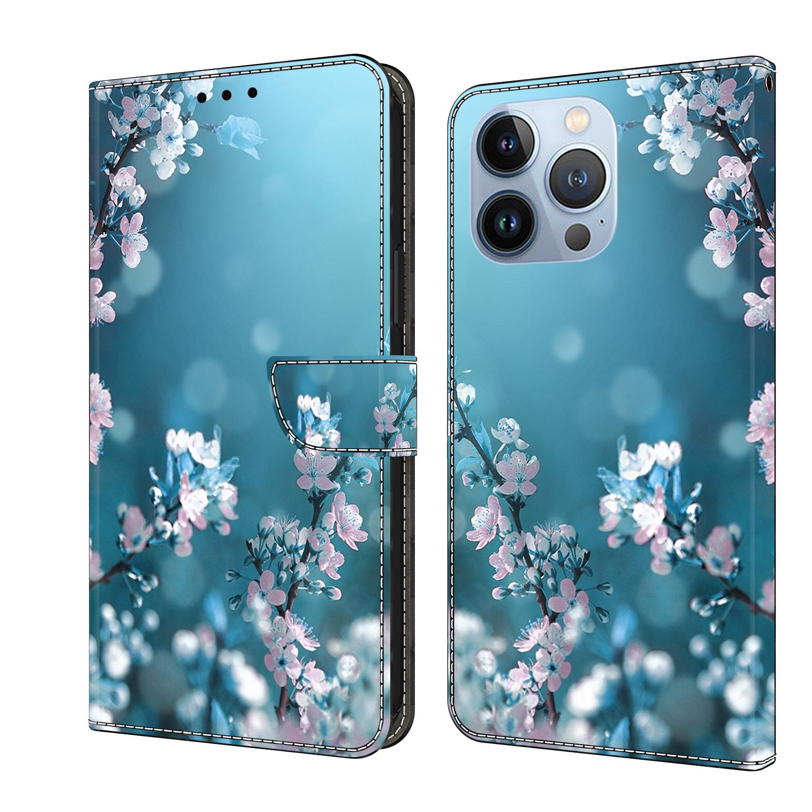 CLM-Tech Handytasche für iPhone 16 Pro Max Hülle aus Kunstleder Klapphülle (Pflaumenblüte blau, Handyhülle mit Standfunktion - Wallet Flip Case inklusive Kartenfächer), - Cover mit Magnetverschluss - iPhone 16 Pro Max 6,9 Zoll Schutzhülle