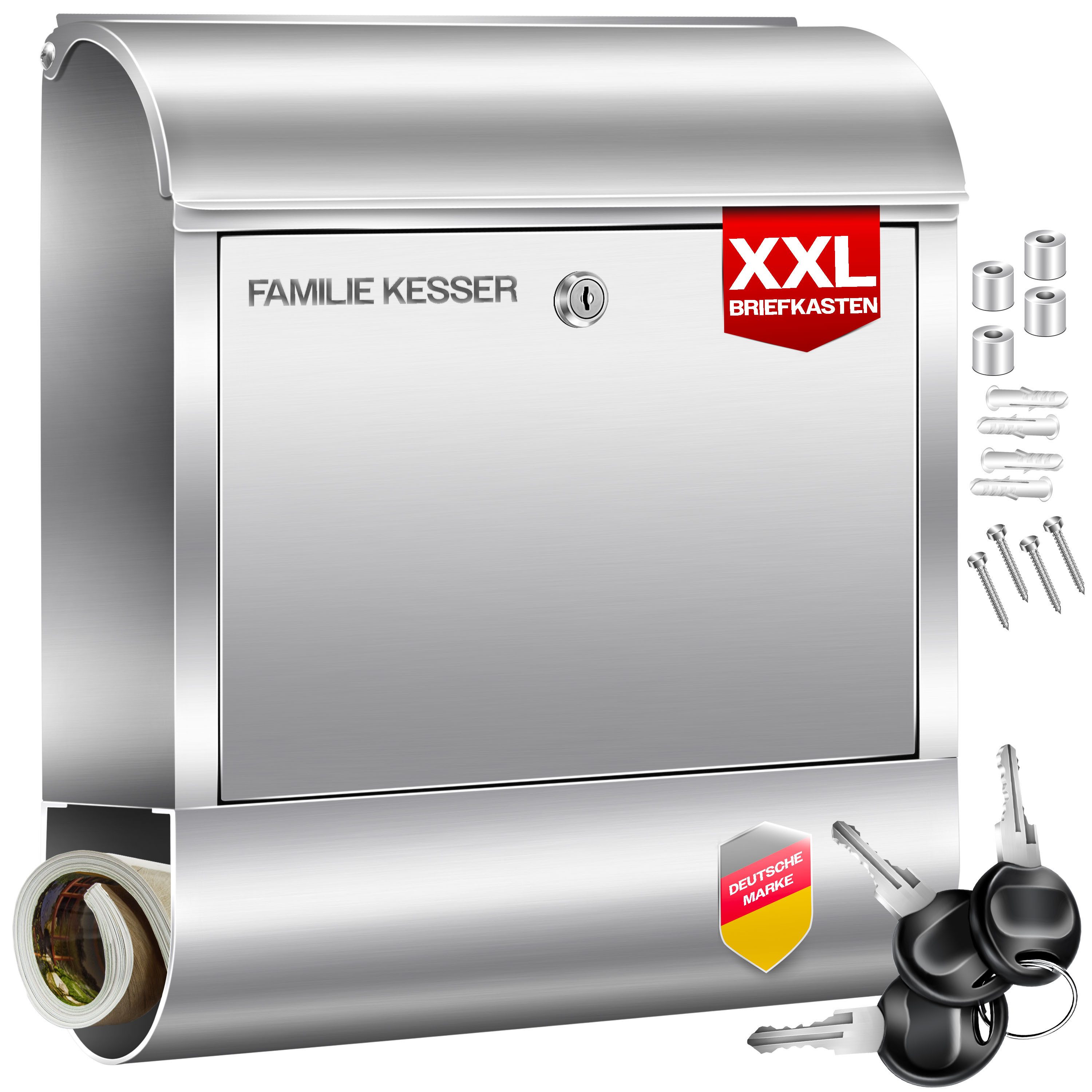 KESSER Briefkasten XXL Wandbriefkasten aus Edelstahl mit Zeitungsfach & 3 Schlüssel, Wandmontage, abschließbar, inkl. Montagematerial