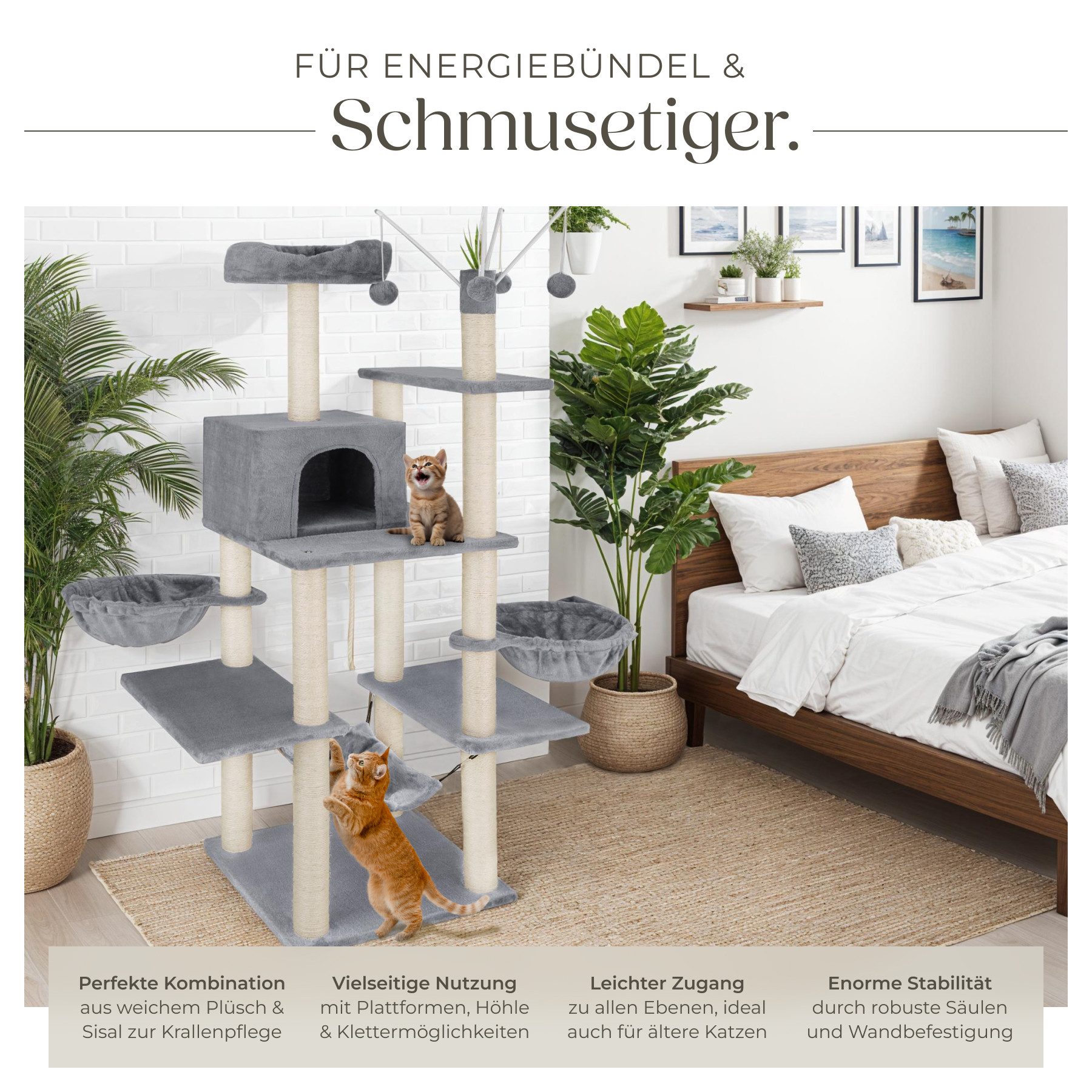 tectake Kratzbaum Katzenbaum Lilou 165 cm Diverse Farben (Grau), Vielseitig mit robusten Sisalstangen und Plüschoberfläche