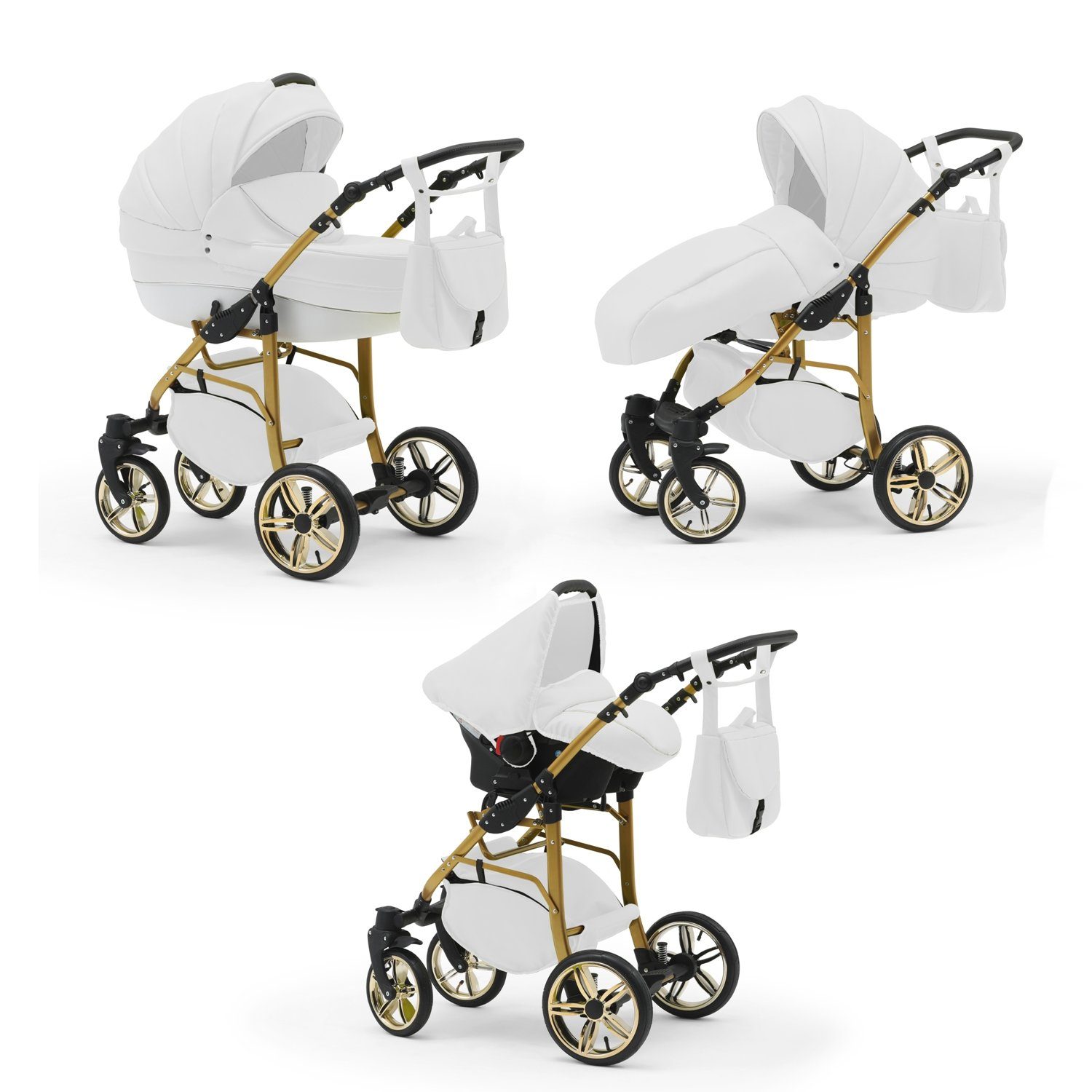 babies-on-wheels Kombi-Kinderwagen 3 in 1 Kinderwagen-Set Cosmo Gold- 16 Teile - in 46 Farben Weiß-Weiß