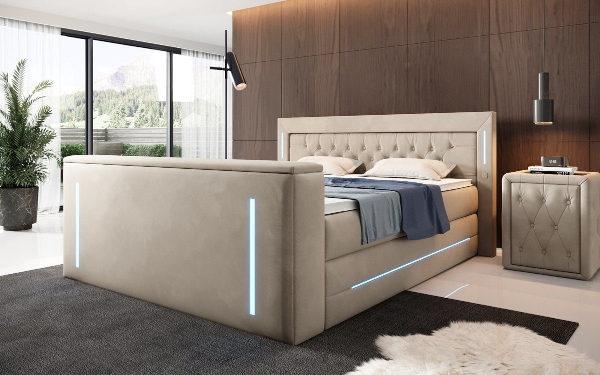 Luxusbetten24 Boxspringbett Divalo, mit TV Lift und Stauraum Beige