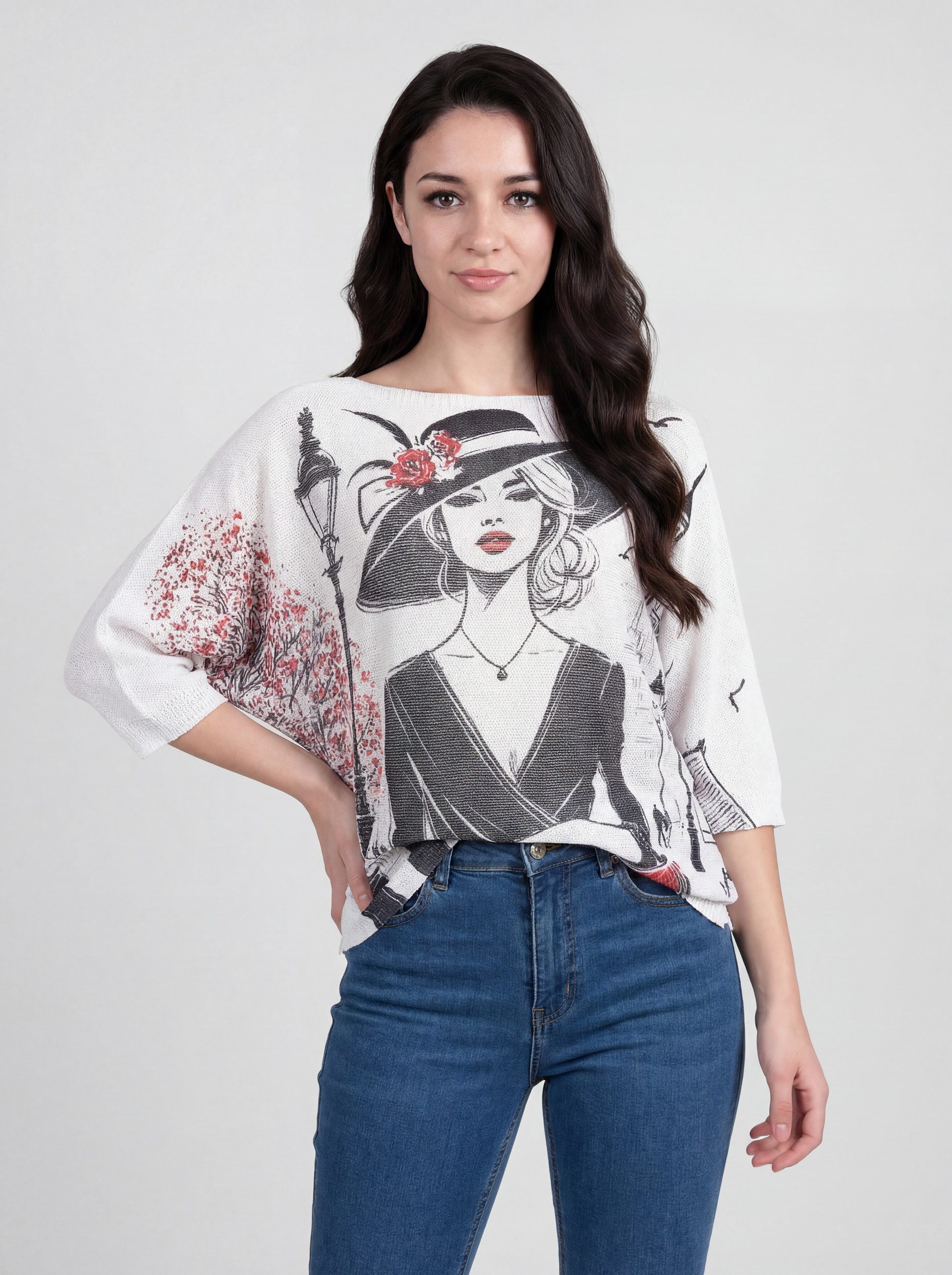 PEKIVESSA Strickpullover Fledermauspullover mit Allover-Print Dame-mit-Hut mit U-Boot-Ausschnitt
