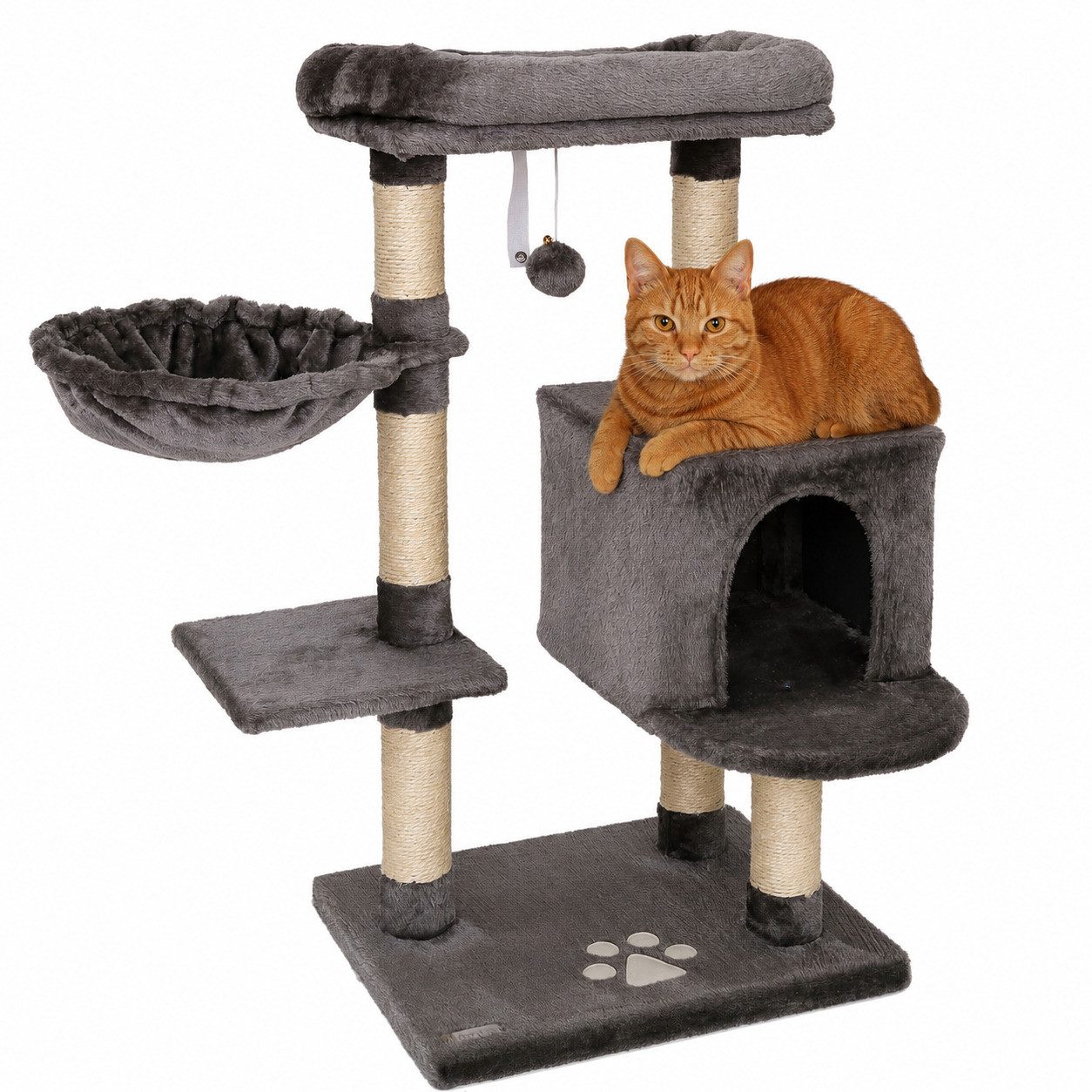 lionto Kratzbaum 93 cm mit Höhle, Liegemulde, Spielball & Sisalstämmen, dunkelgrau, kompakter Katzenbaum mit Wandhalterung, für Katzen jeden Alters