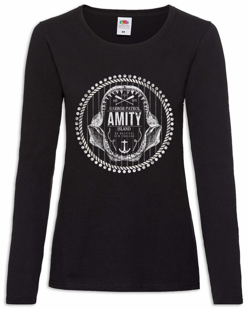 Urban Backwoods Langarmshirt Amity Harbor Patrol Damen Langarmshirt Island Shark Plakat Weißer Hai (1-tlg) Jaws Great White Quint