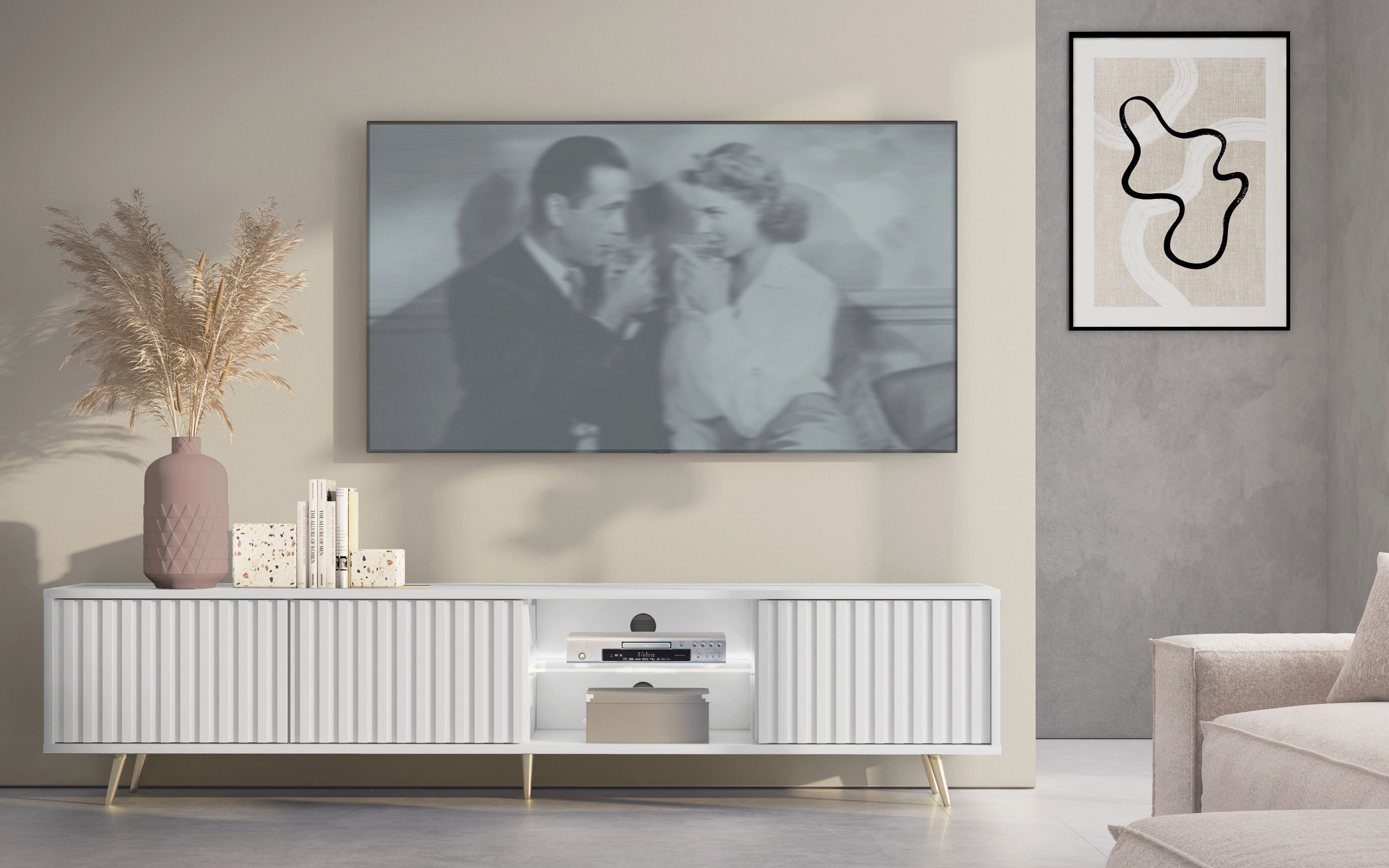 Selsey TV-Schrank BELLO mit goldenen Füßen, Lamellenfronten und LED, 175 cm