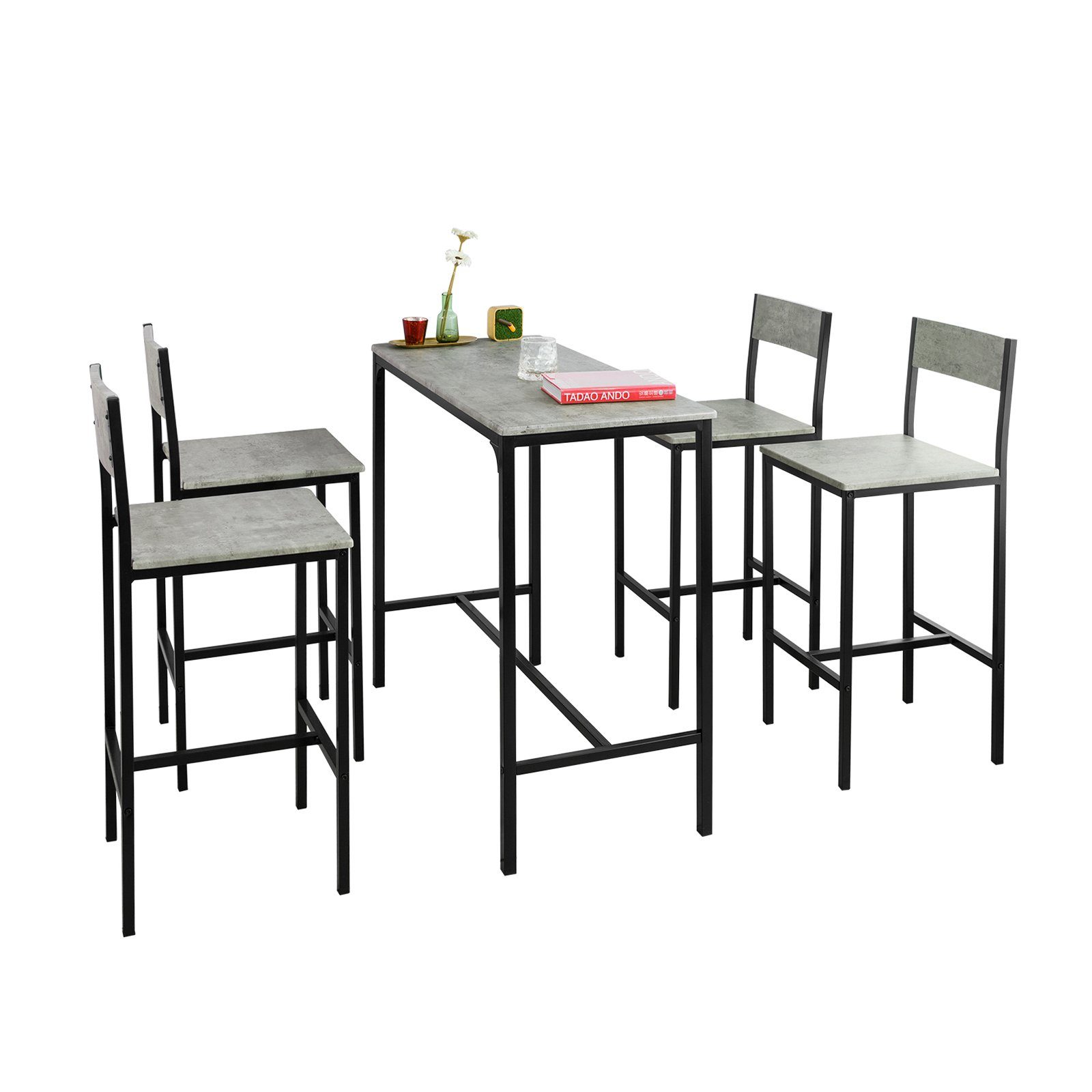 SoBuy Bartisch Sitzgruppe grau Esstisch Hockern 5-teilig 4 OGT14, Bartisch Bistrotisch Set mit