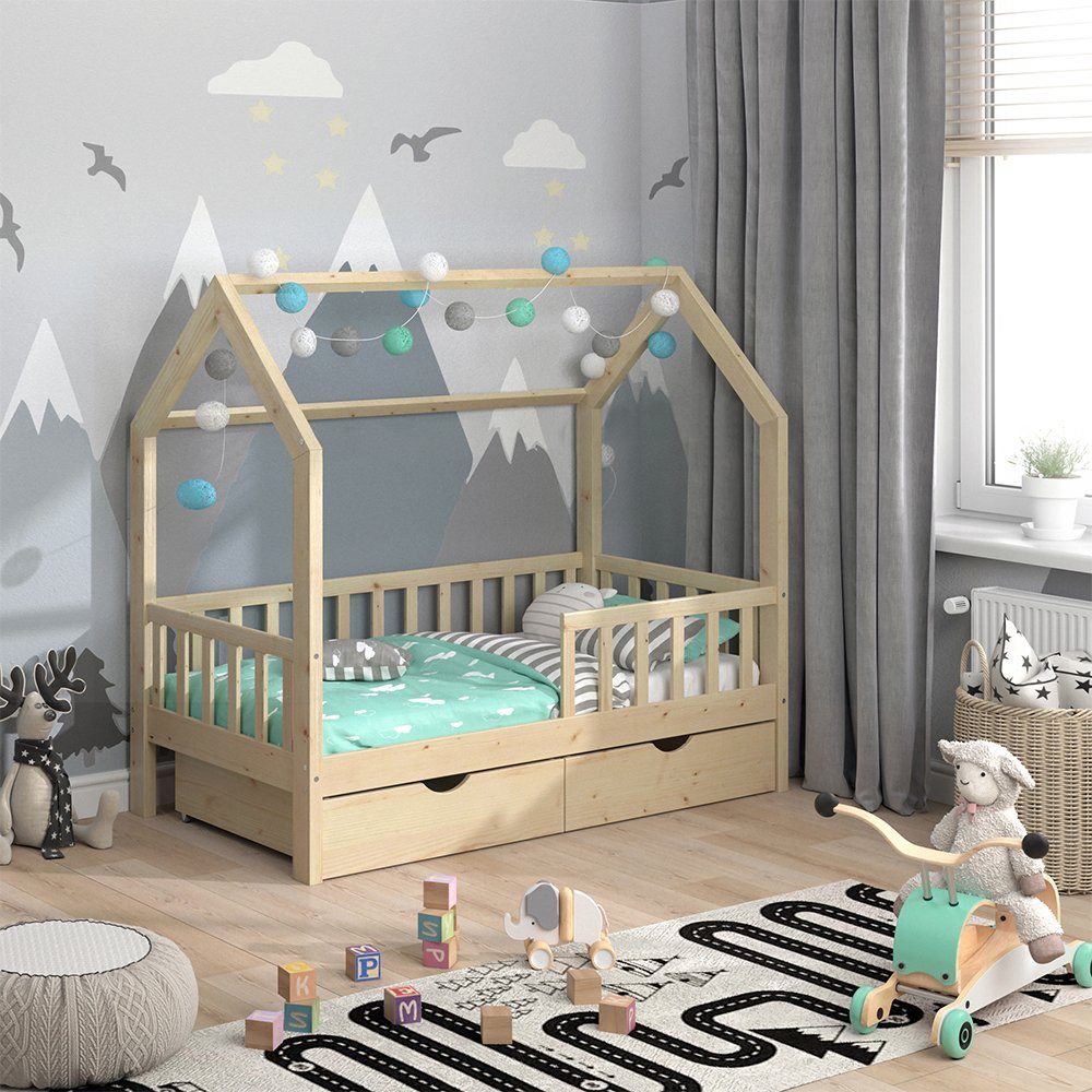 VitaliSpa® Hausbett Wiki, Naturholz, 80x160 cm mit Schubladen und Matratze