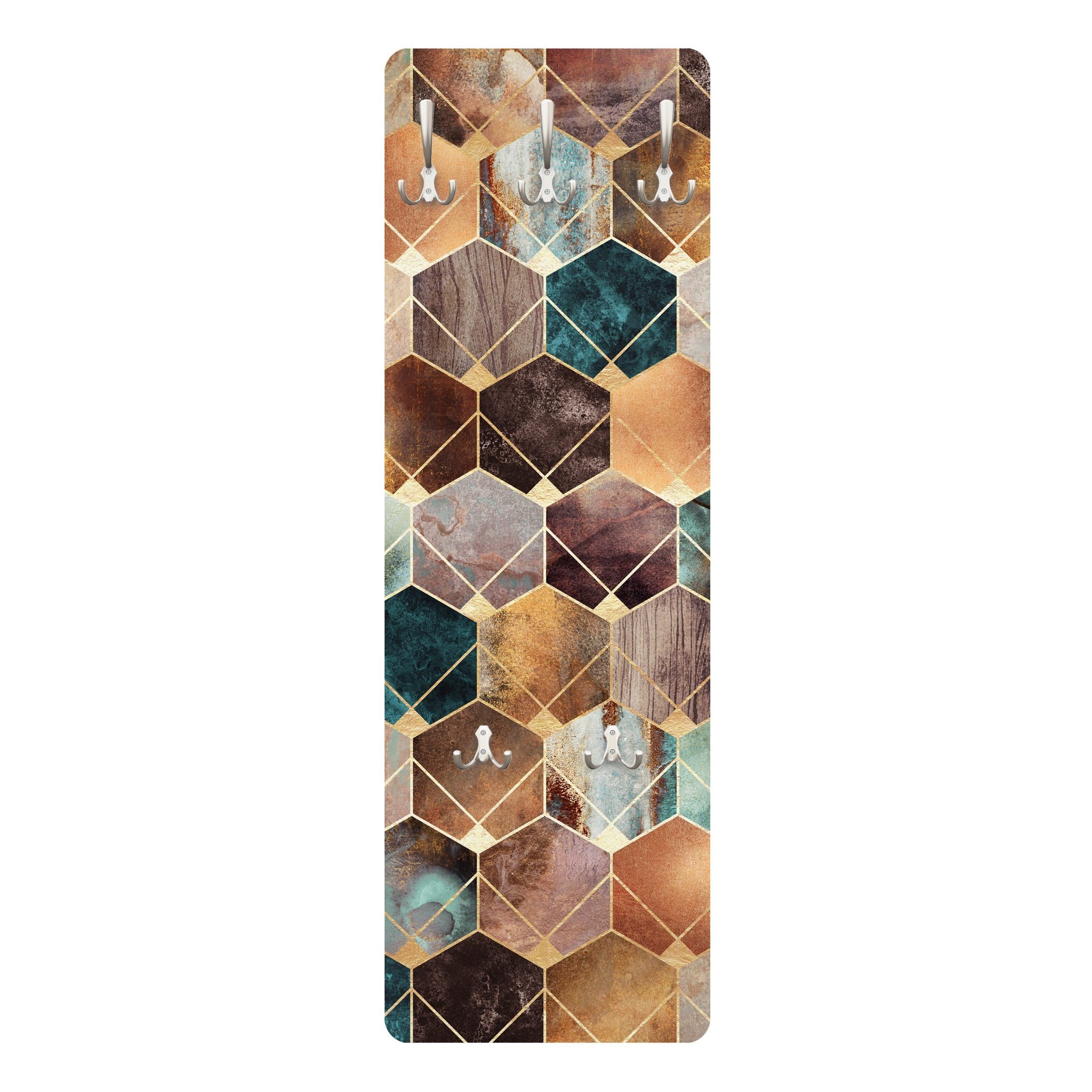 Bilderdepot24 Garderobenpaneel gold Abstrakt Aquarell Muster Türkise Geometrie goldenes Art Deco (ausgefallenes Flur Wandpaneel mit Garderobenhaken Kleiderhaken hängend), moderne Wandgarderobe - Flurgarderobe im schmalen Hakenpaneel Design