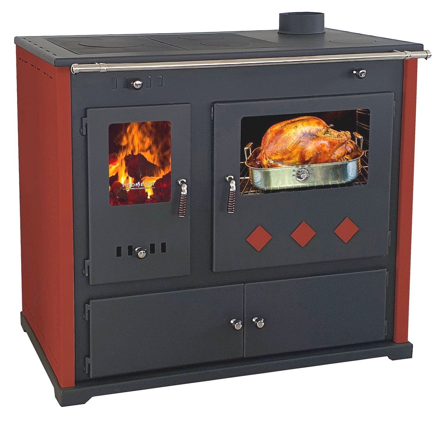 Prometey Kaminofen EEK A+ Kaminofen mit Backfach und Herdplatte Practik Lux Rot Holzofen, 9,50 kW, Zeitbrand, Küchenofen mit Backofen, Küchenherd mit Backfach