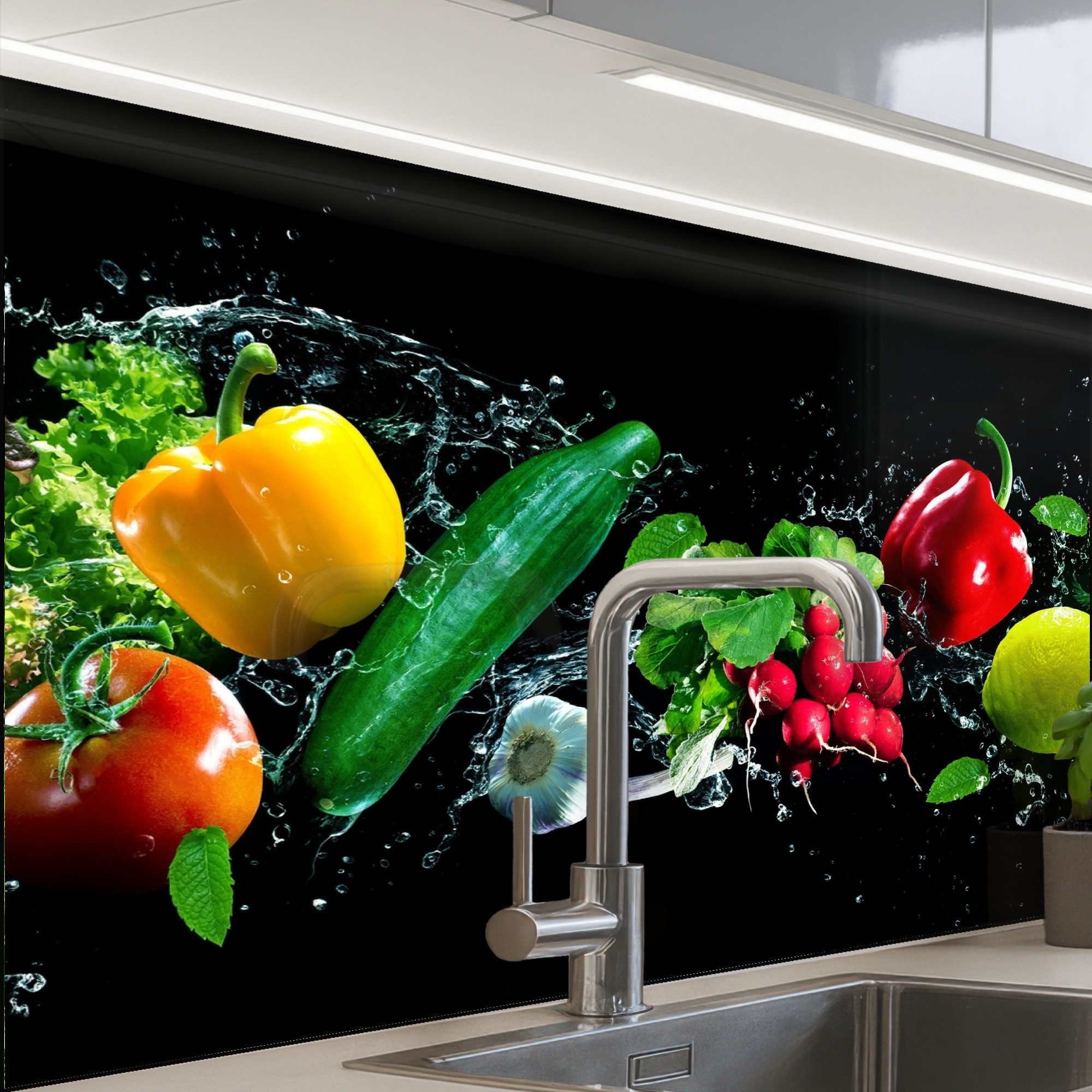 KitchenYeah Küchenrückwand Muster selbstklebend (keine Folie) Gemüse - Splash - Schwarz, (1-tlg), Spritzschutz, Küche, Rückwand, Küchenwand, Küchenfront, 30x20 cm
