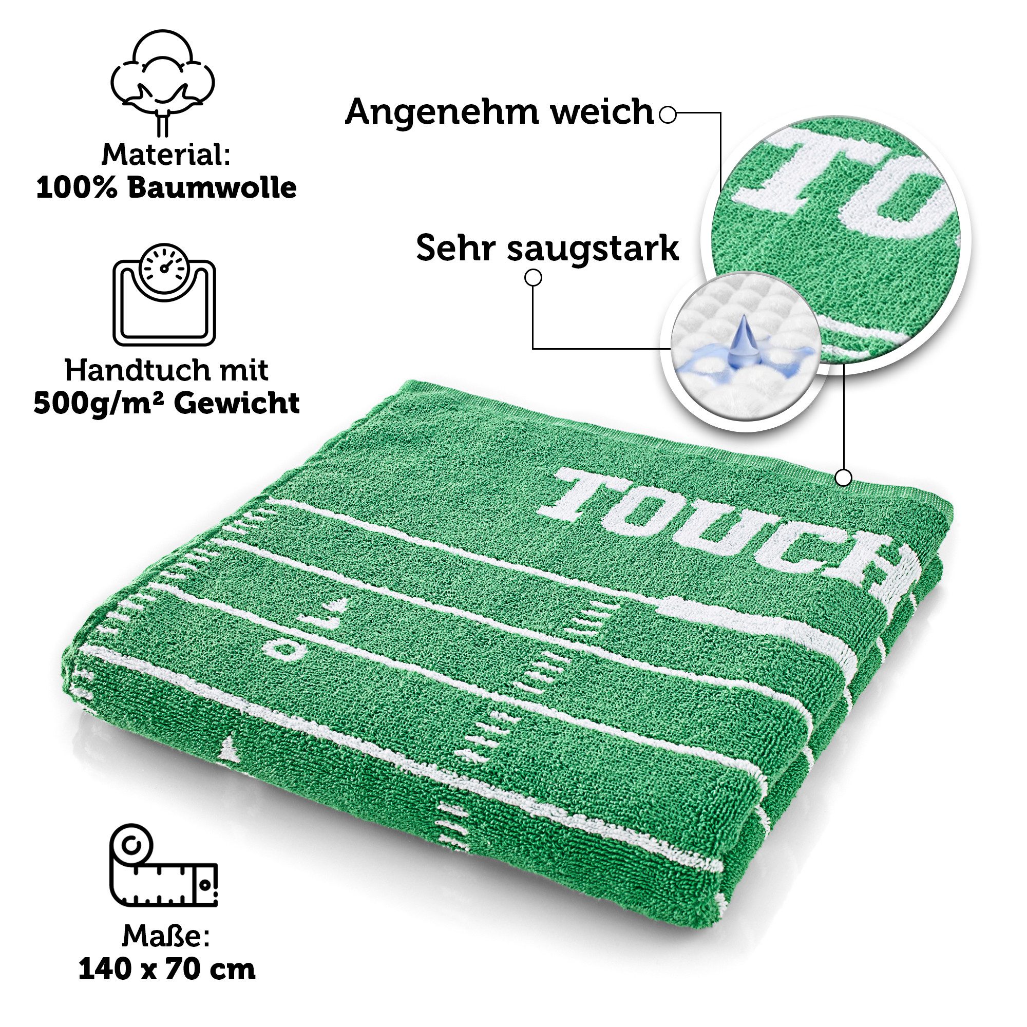 40YARDS Badetuch American Football Spielfeld Handtuch, Badetuch, Strandtuch, (1-St), 100% Baumwolle, Größe: 140 x 70 cm