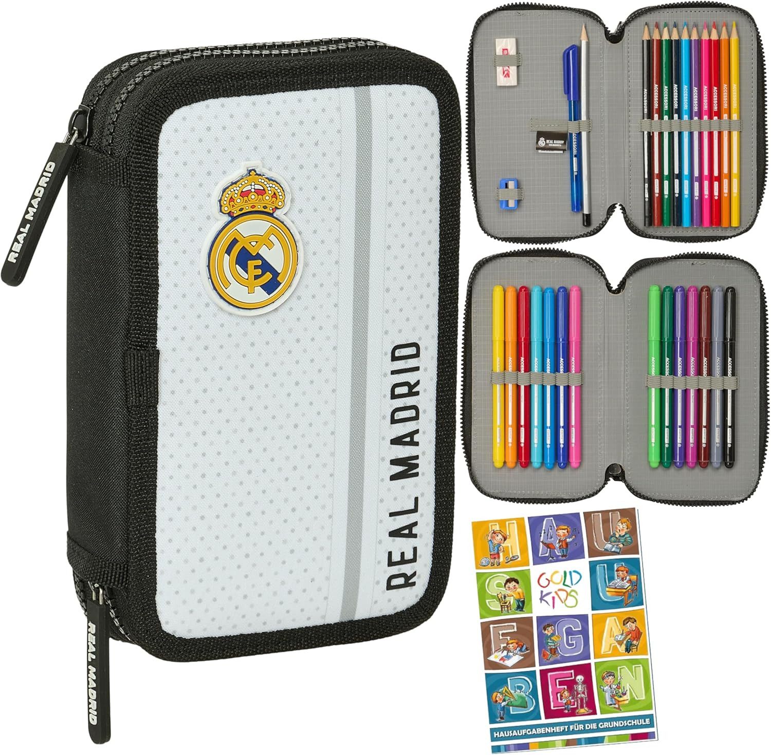 GOLDKIDS Federmäppchen Real Madrid - Federmäppchen 2 Fächer, (Mäppchen für Mädchen und Jungen - Federmappe, 1-tlg., 2-Fach Federtasche Gefüllte Schüleretui 28-teilig), Schulmäppchen und Hausaufgabenheft