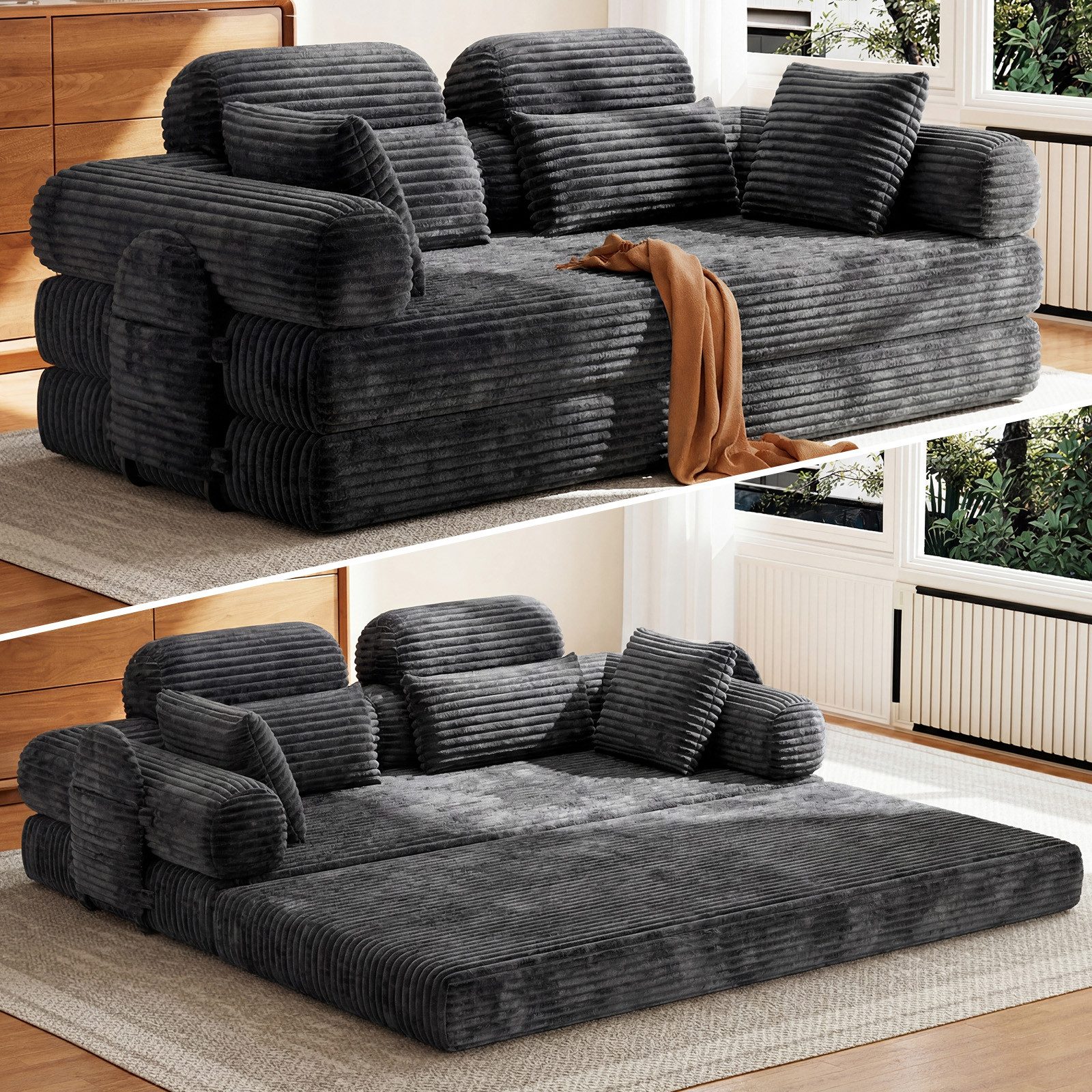 Patbrela Schlafsofa 200 cm aus Cord, Bodensofa mit Kissen und Seitentasche, ausklappbar bis 200 x 200 cm, Dunkelgrau