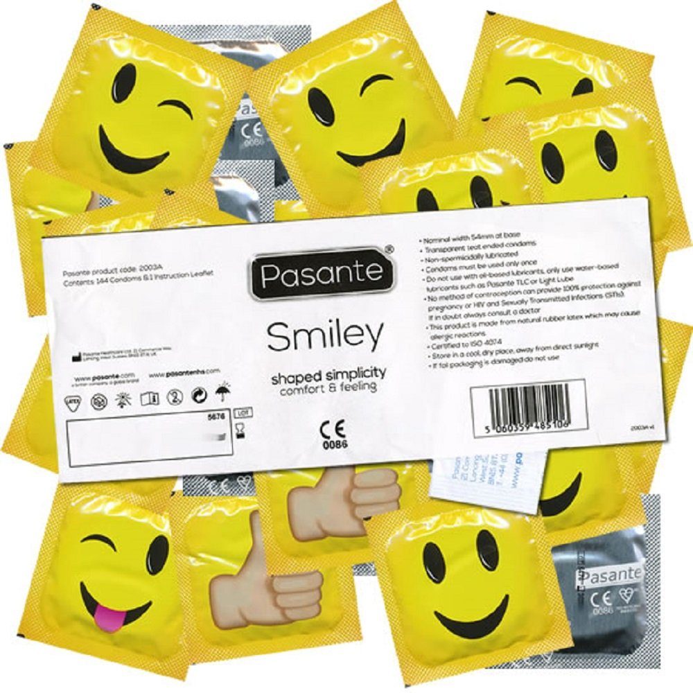 Pasante Kondome Pasante «Smiley» Motivkondome mit freizügiger Comfort-Form Packung mit, 144 St., witzige Kondome, ideal für Junggesellenabschiede, Geschenk für Männer, Vorratspackung, bedruckte Siegelfolien