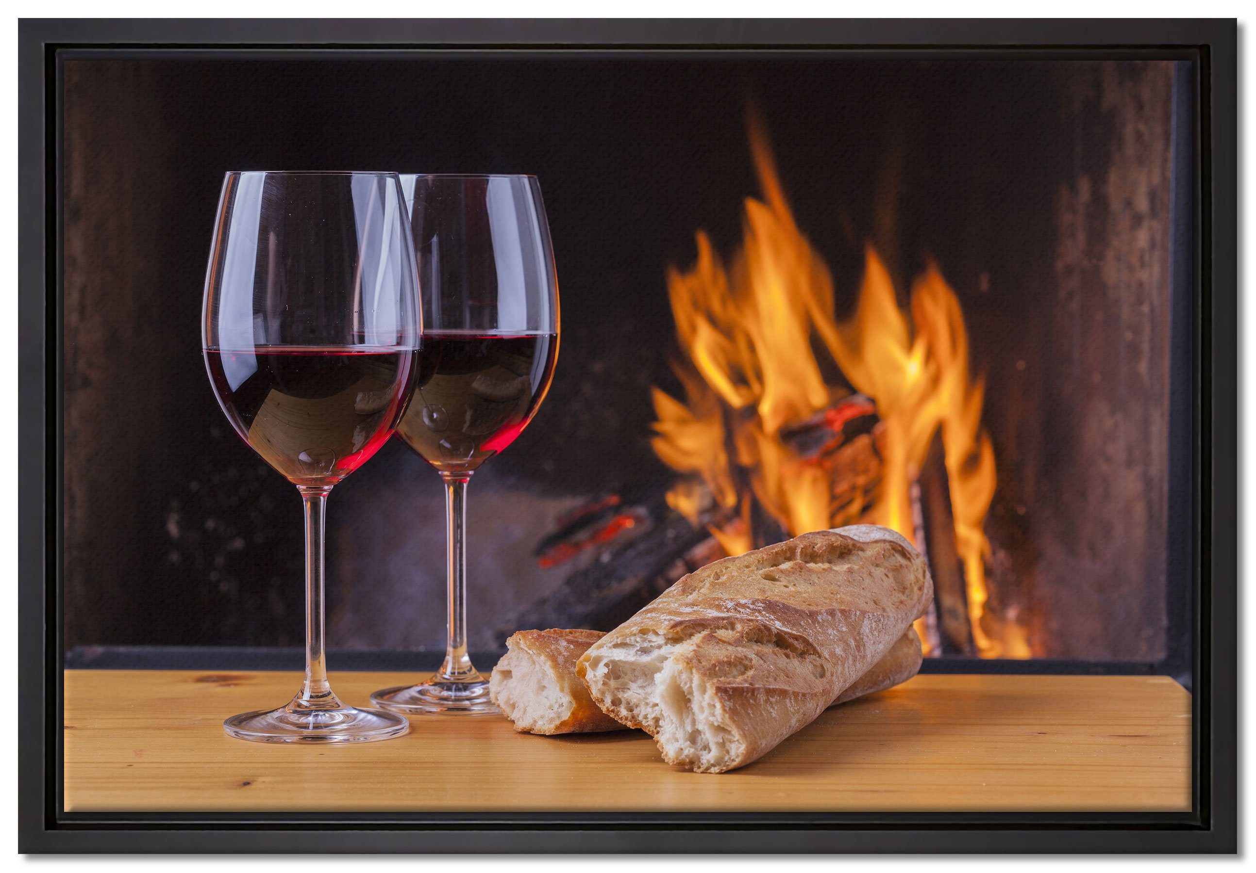 inkl. Gläser Zackenaufhänger Baguette, bespannt, Zwei Schattenfugen-Bilderrahmen fertig gefasst, (1 mit Pixxprint in einem St), Wein Leinwandbild Wanddekoration Leinwandbild