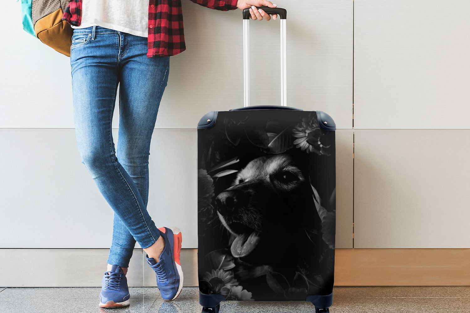 Trolley, Hintergrund Botanischer Rollen, Hund schwarz vor 4 Ferien, mit dunklem Reisekoffer MuchoWow für Handgepäck - weiß, rollen, Reisetasche und Handgepäckkoffer