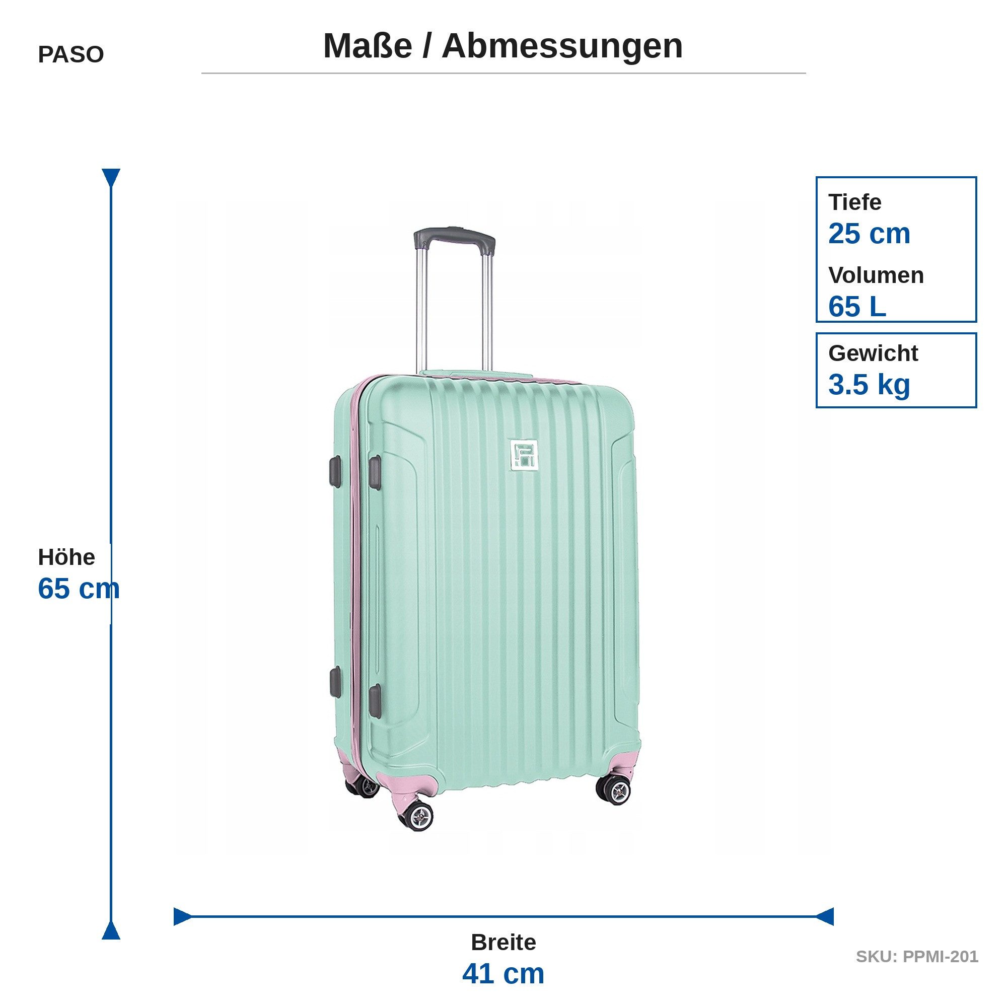 PASO Koffer Reisekoffer 65x41x25 cm leicht 3,5 kg ideal für 1 Woche, Hartschalenkoffer Mintgrün Mittelgroß 65L ABS 4 Rollen TSA – Bild 5 von 5