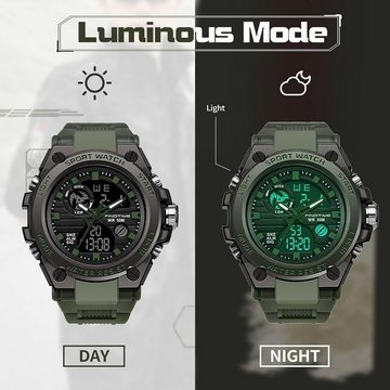 findtime Fur Herren Sport Uhren Militär Outdoor Große Smartwatch (2.09 Zoll), Armbanduhr Digital Analog Zwei Zeitzonen LED Kalender Männer Jungen