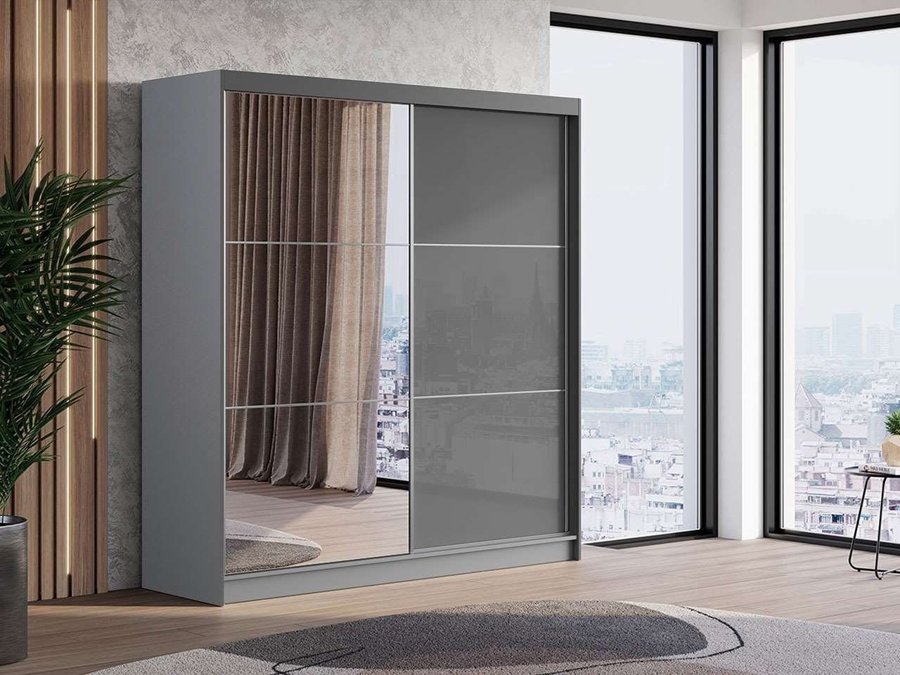 VALENCIA Kleiderschrank Lacobel-Glas, der mit MÖBEL Spiegel 200 Schiebeschrank MKS an cm Tür, Grau Modern