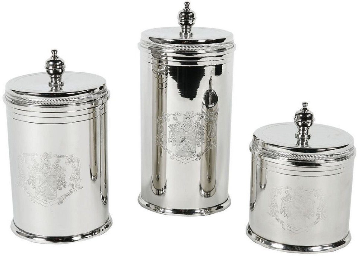 Casa Padrino Dekoobjekt Luxus Keksdosen Set Silber - 3 runde Messing Aufbewahrungsdosen mit Deckel - Hotel & Restaurant Accessoires