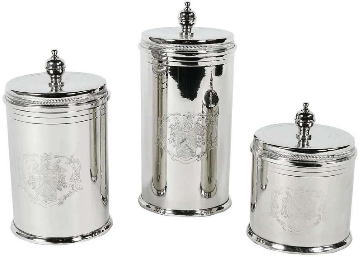 Dekoobjekt Luxus Keksdosen Set Silber - 3 runde Messing Aufbewahrungsdosen mit Deckel - Hotel & Restaurant Accessoires