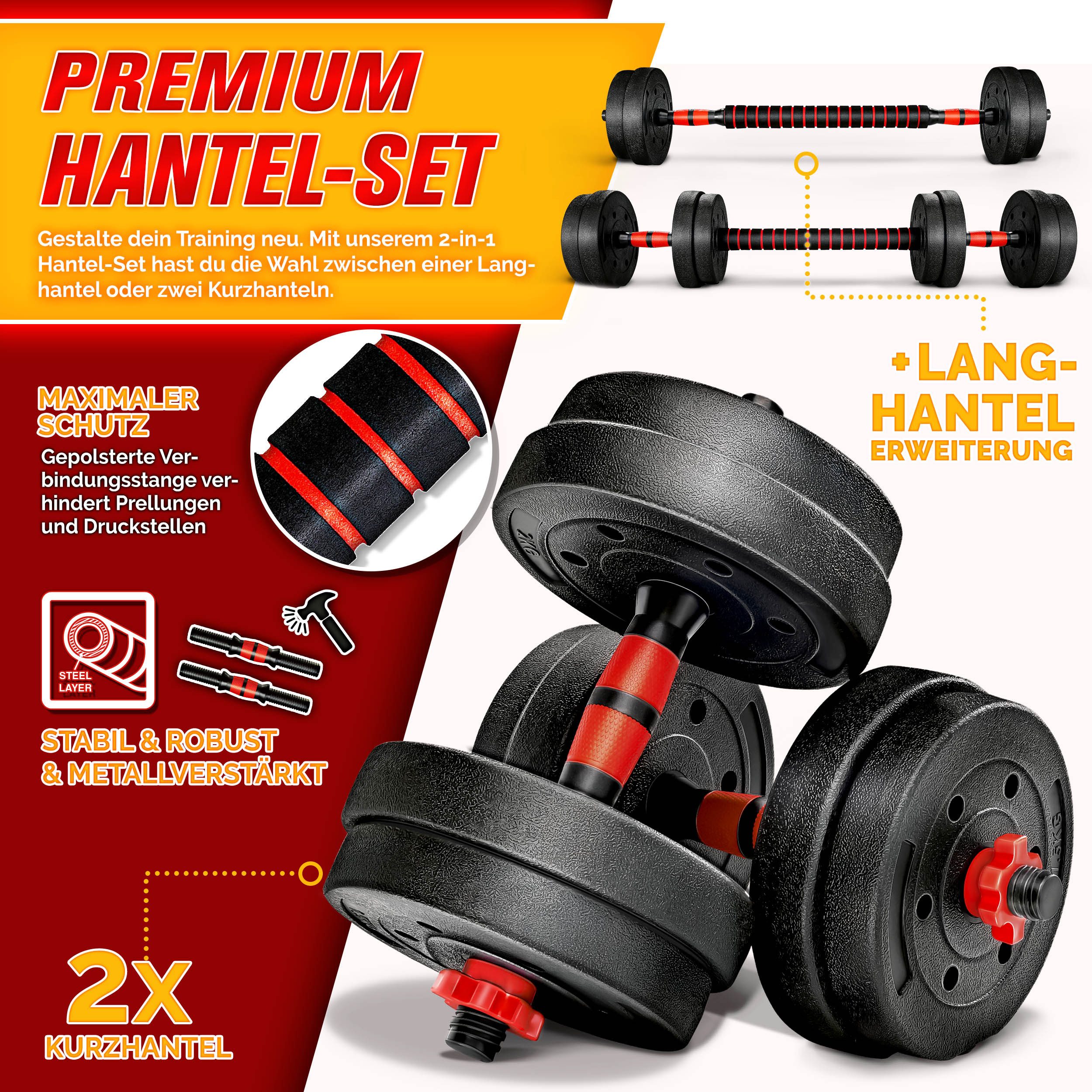 RE:SPORT Hantel-Set Hantelset verstellbar, Kurzhantel & Langhantel, Sternverschlüsse & Verbindungsrohr