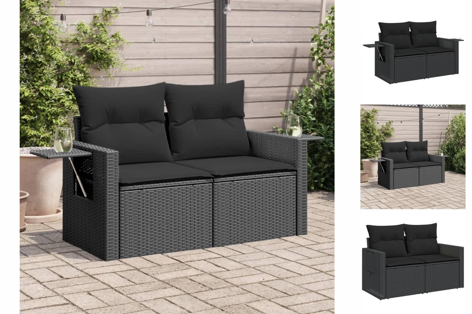 vidaXL Gartenbank Gartensofa mit Kissen 2-Sitzer Schwarz Polyrattan Außenbereich