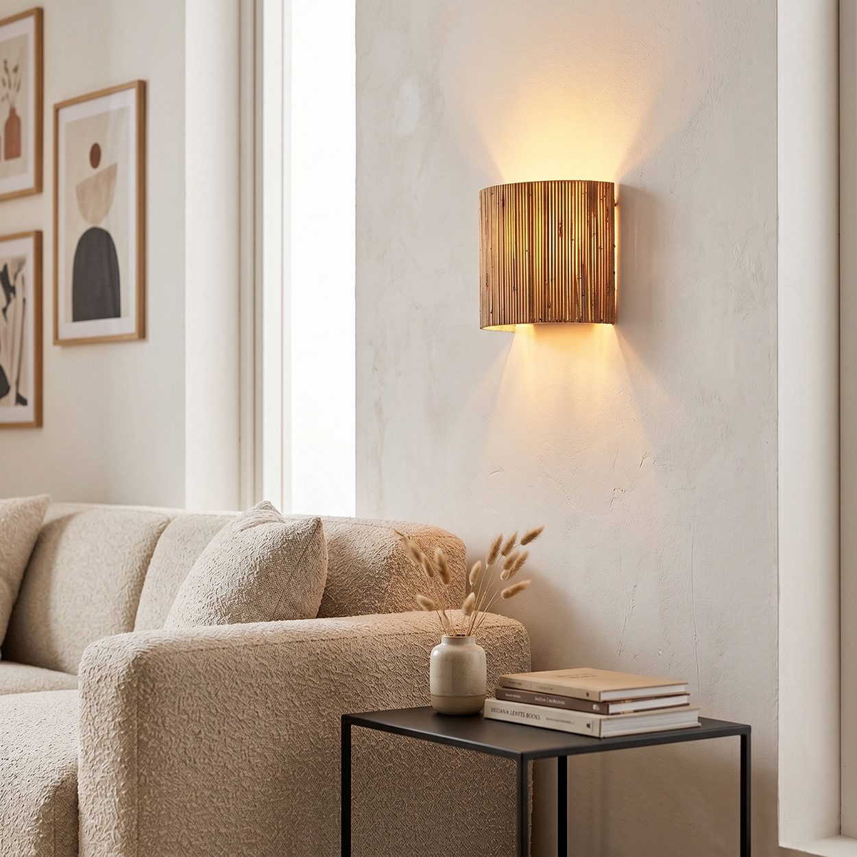 hofstein Wandleuchte moderne Wandlampe aus Metall/Seegras in Schwarz/Natur, ohne Leuchtmittel, im Boho-Design mit Up&Down Lichteffekt, 2x E14, ohne Leuchtmittel