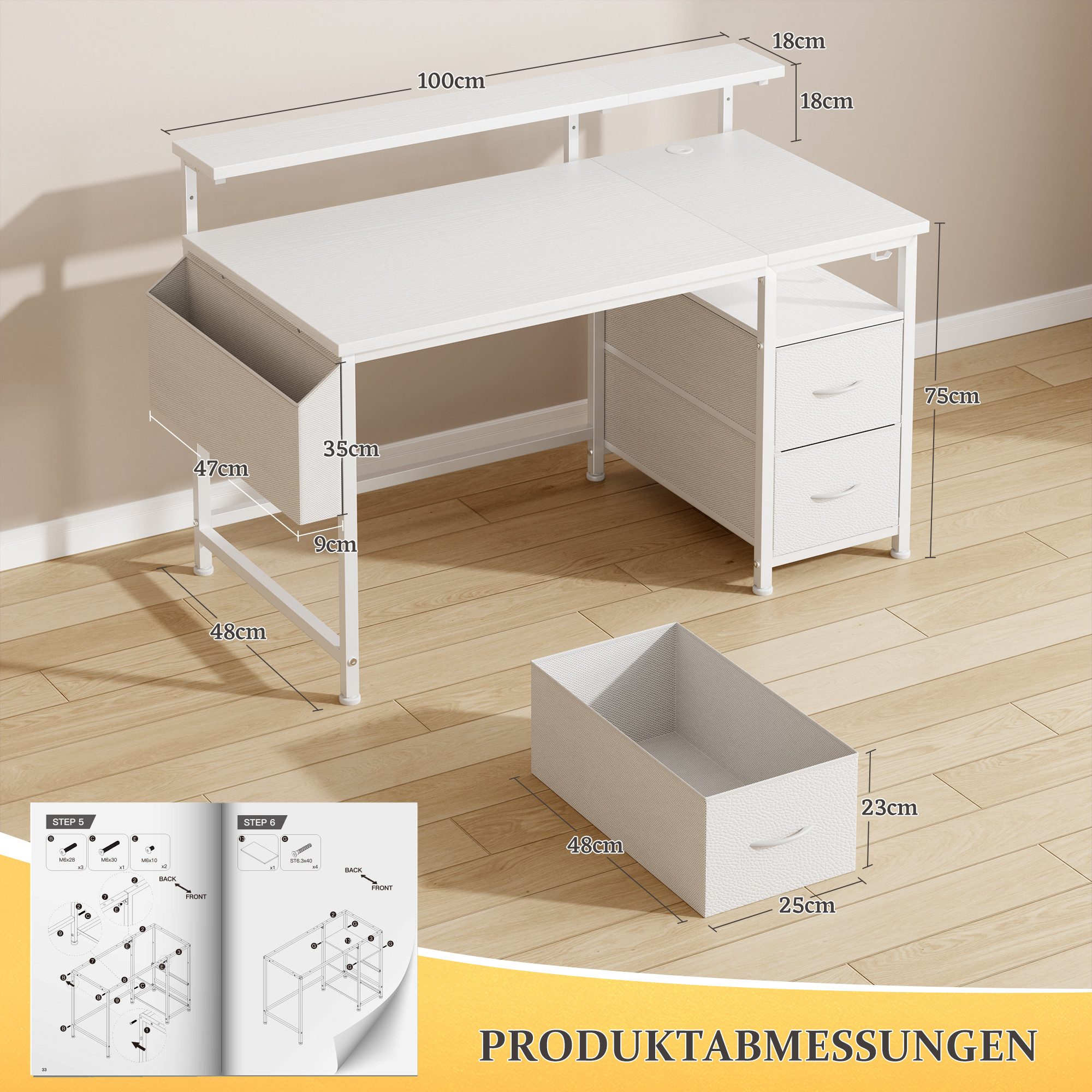 Klyvvo Eckschreibtisch Computertisch, Schreibtisch mit 2 Schubladen Bieten Stauraum (1-St., mit Monitorständer, 2 Ablagehaken), Kompakte Maße Passen Gut in Studierende, Home-Office-Arbeiter