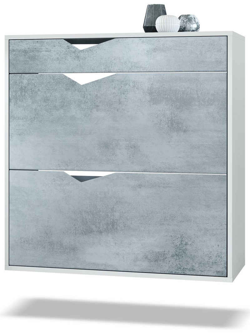 Vladon Schuhschrank Kolmio (Schuhkipper, für 16 Paar Schuhe mit 2 Klappen und Schublade) Weiß matt/Beton Oxid Optik (85 x 87 x 33 cm)