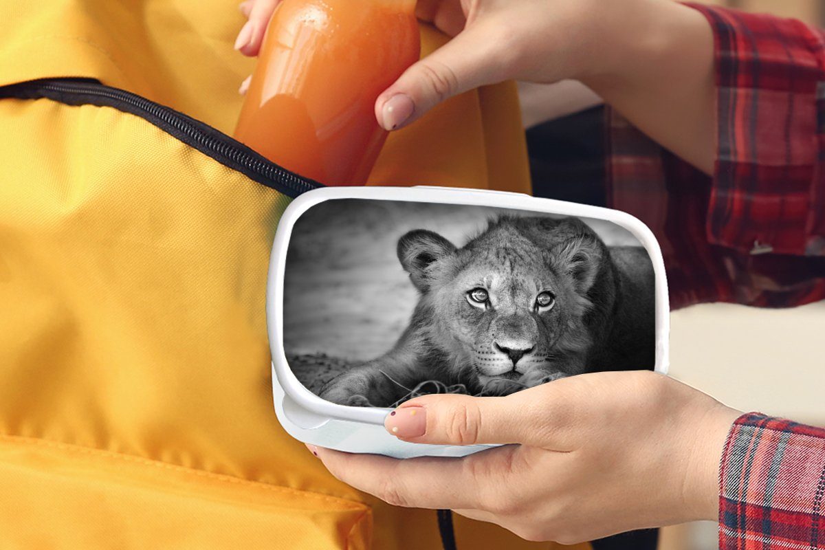 MuchoWow Lunchbox Wildtiere - Jungs - Brotbox Schwarz (2-tlg), Kunststoff, Kinder Erwachsene, Natur - für Weiß, Löwe Brotdose, Mädchen und für - und