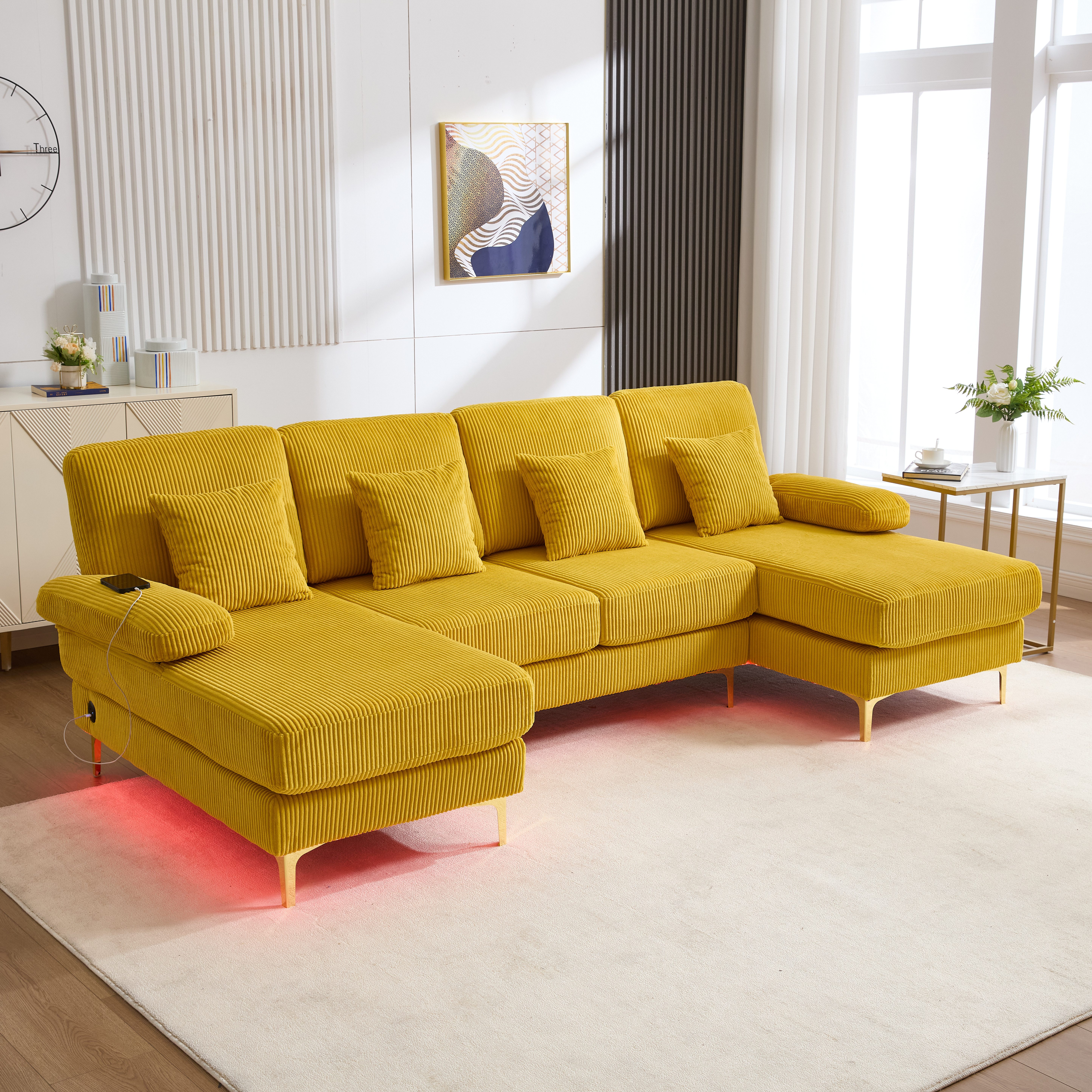 STILVORA Schlafsofa U-Sofa Schlafsofa mit LED&USB,Sofa mit Kissen&Rückenlehne,Holzrahmen