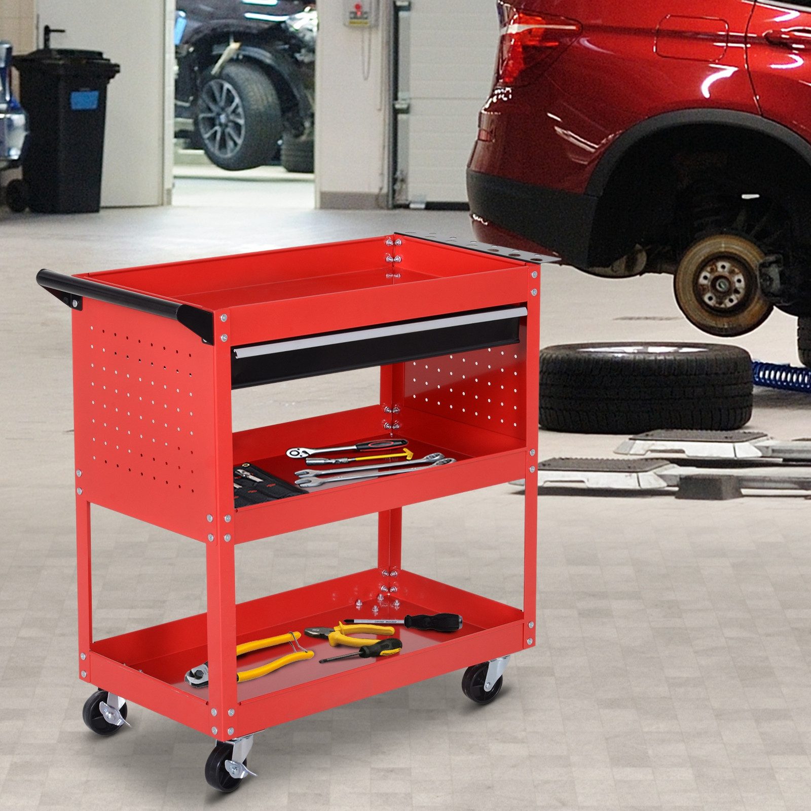 HOMCOM Werkzeugwagen Rollwagen für Werkstatt, Transportwagen mit Schublade, max. Traglast:60 kg, (Montagewagen, 1-tlg., Transportwagen), Schwarz+rot 82 x 35 x 76 cm