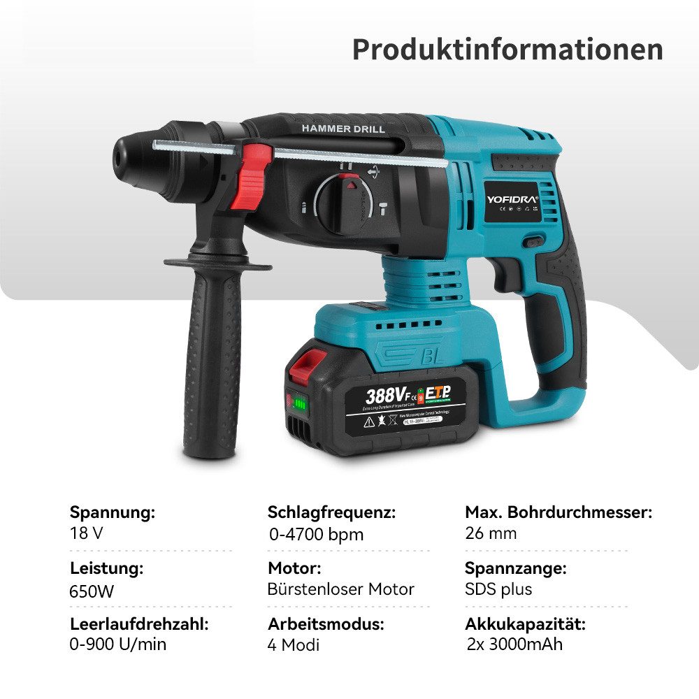 ONEVAN Akku-Bohrhammer SDS-plus Schlaghammer mit 2,1J günstig online kaufen