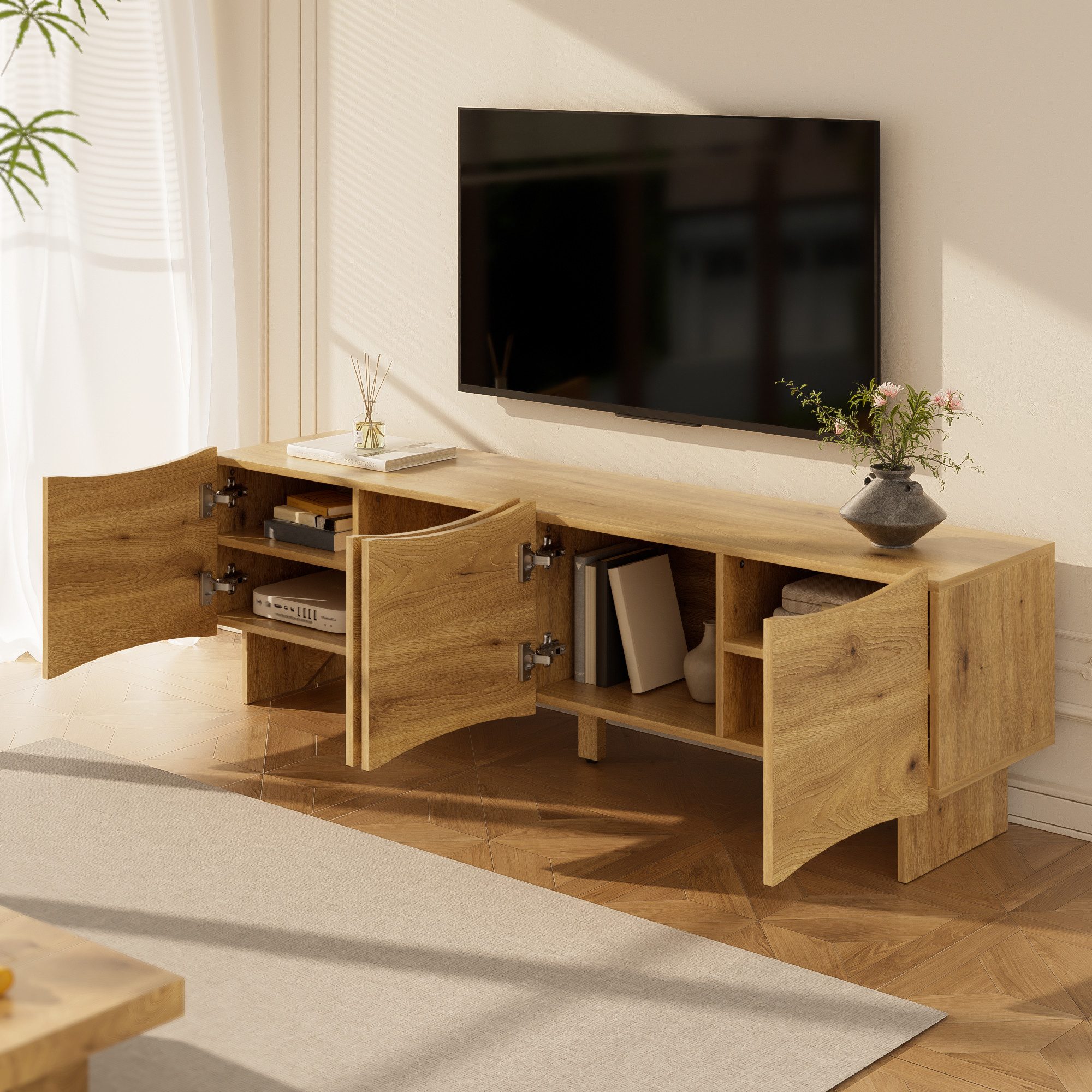 Merax Lowboard in Holzoptik mit Wellenmuster (1 St), TV-Schrank mit 4 Türen & Stauraum, Kabeldurchführungen, 155x36x47cm – Bild 4 von 5