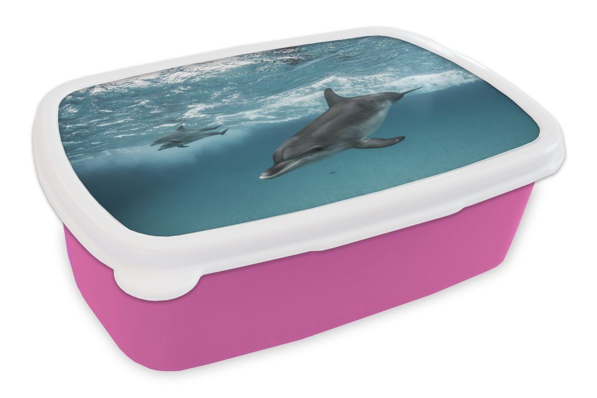 MuchoWow Lunchbox Delfin - Wasser - Meer, Kunststoff, (2-tlg), Brotbox für Erwachsene, Brotdose Kinder, Snackbox, Mädchen, Kunststoff rosa
