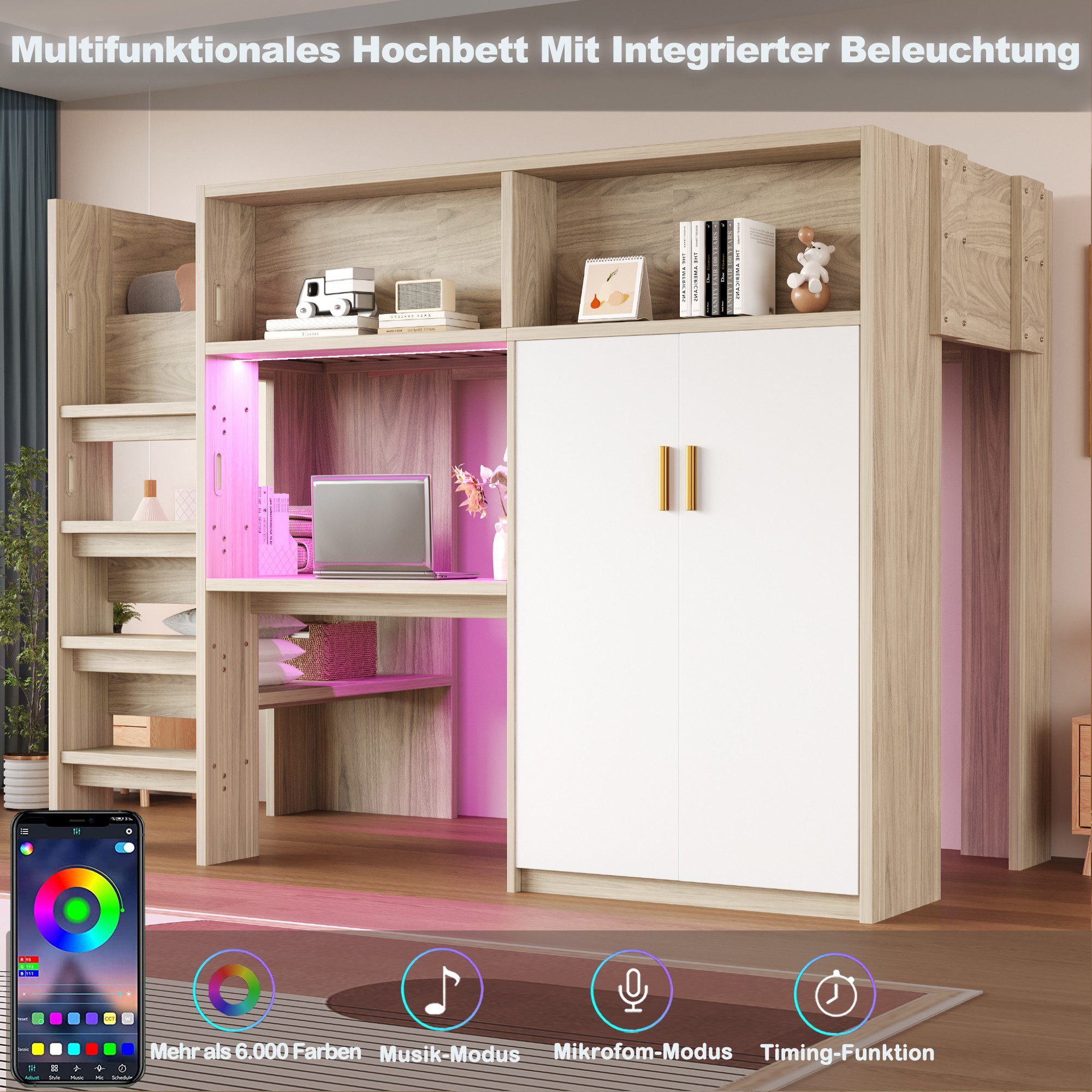 REDOM Hochbett mit Schreibtisch, Kleiderschrank und LED-Beleuchtung (mit integriertem Schreibtisch, Kleiderschrank & LED-Licht, 90x200 cm) Inklusive Matratze